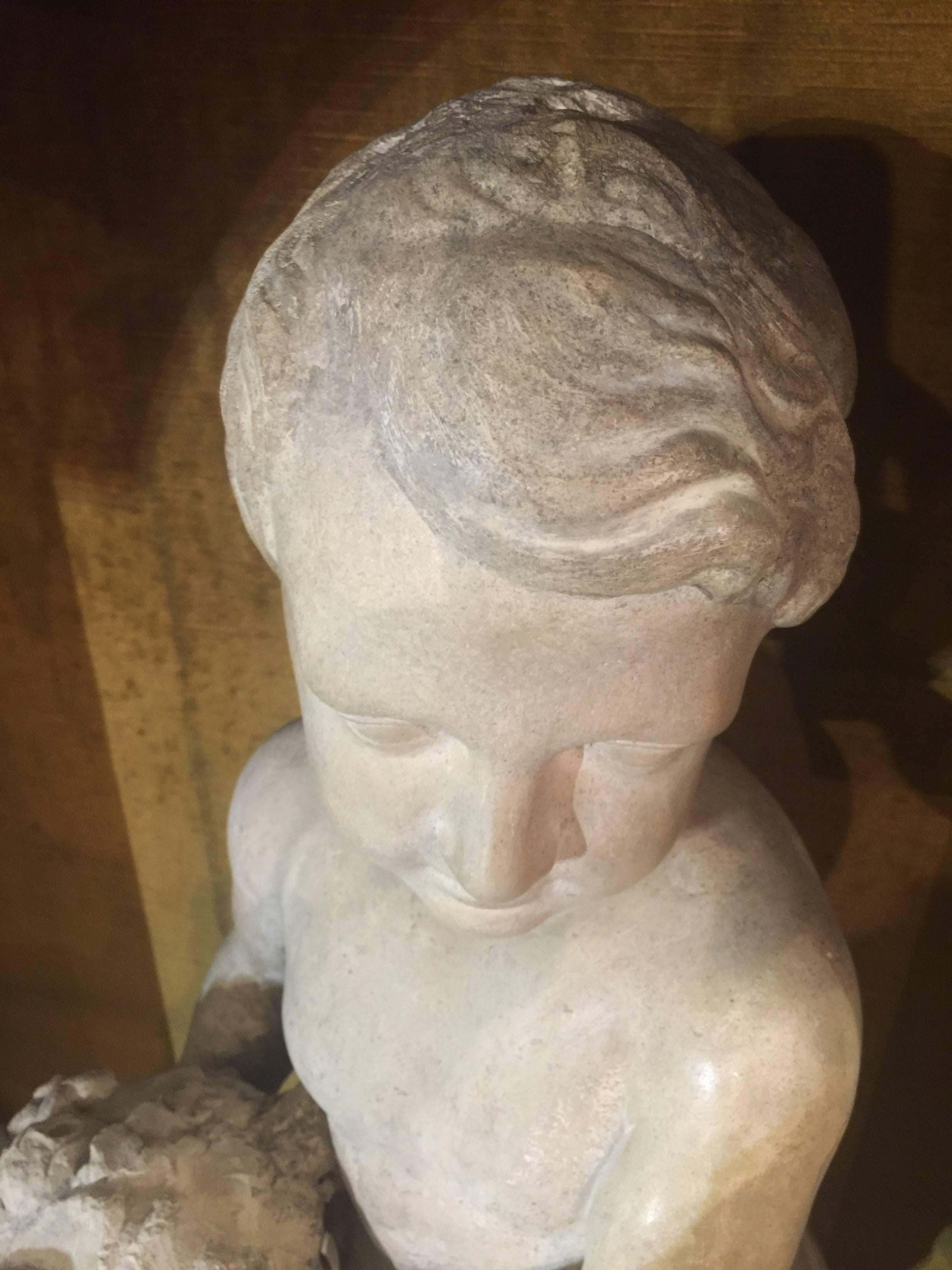 19th Century Italian Stone Sculpture of a Putto Holding a Basket with Flowers For Sale 5