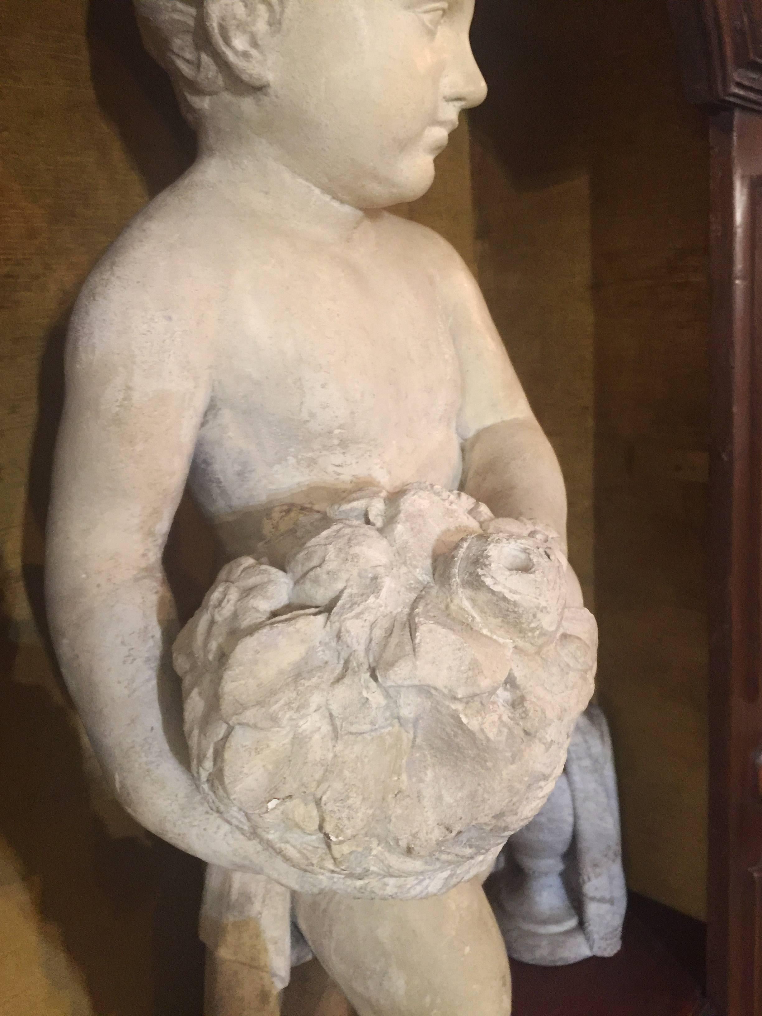 19th Century Italian Stone Sculpture of a Putto Holding a Basket with Flowers For Sale 6