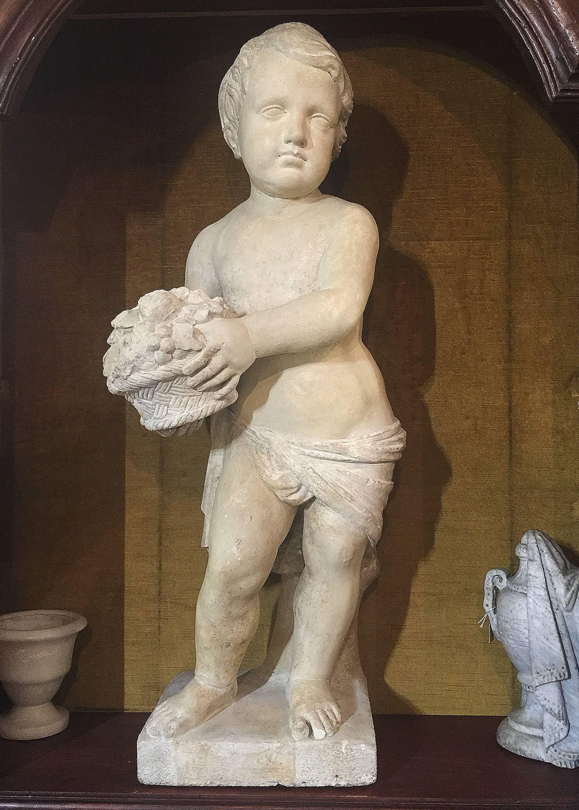 19th Century Italian Stone Sculpture of a Putto Holding a Basket with Flowers For Sale 10