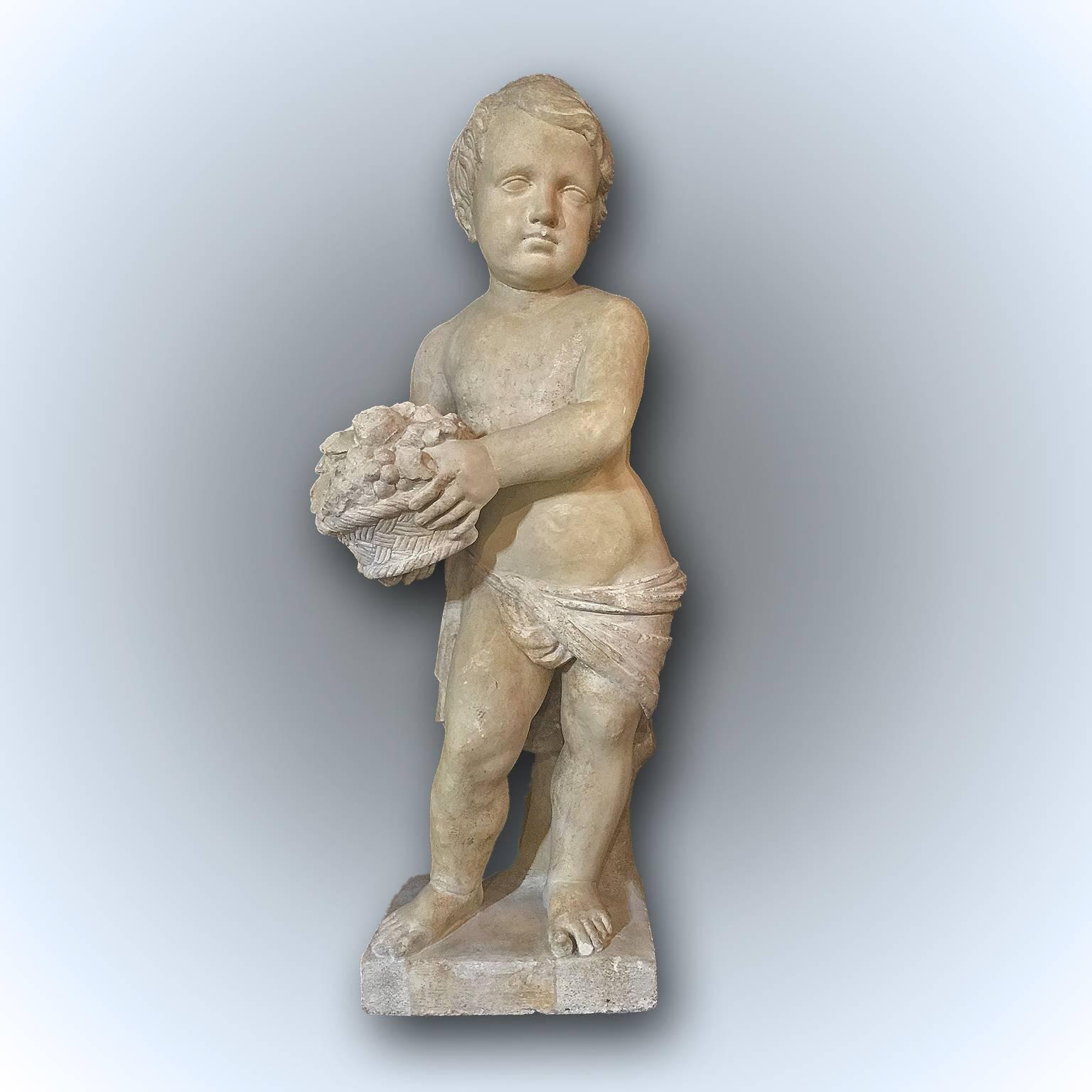 19th Century Italian Stone Sculpture of a Putto Holding a Basket with Flowers For Sale 2