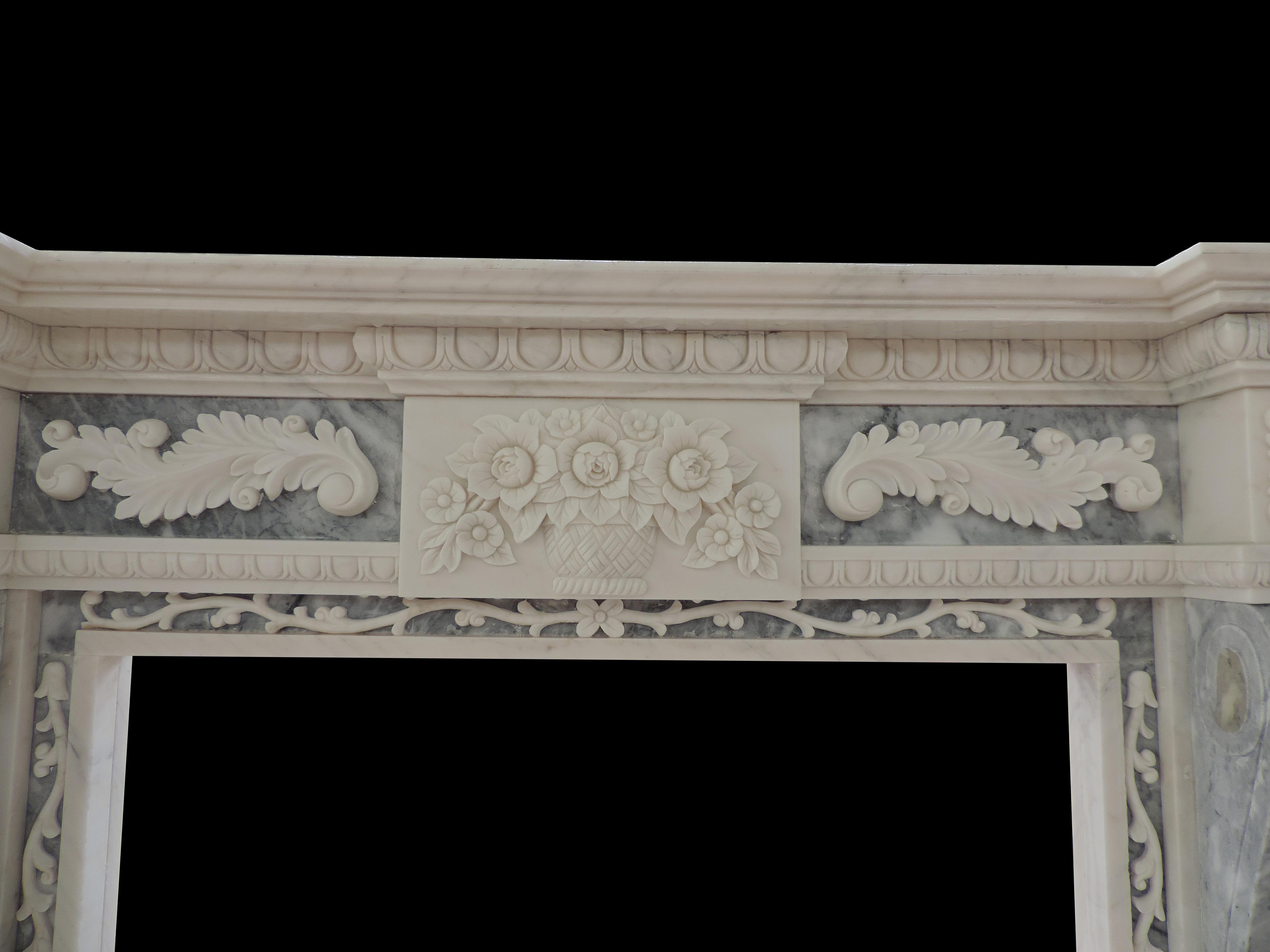European 19th Century Italian Style White Marble Two Color Fire Surround For Sale