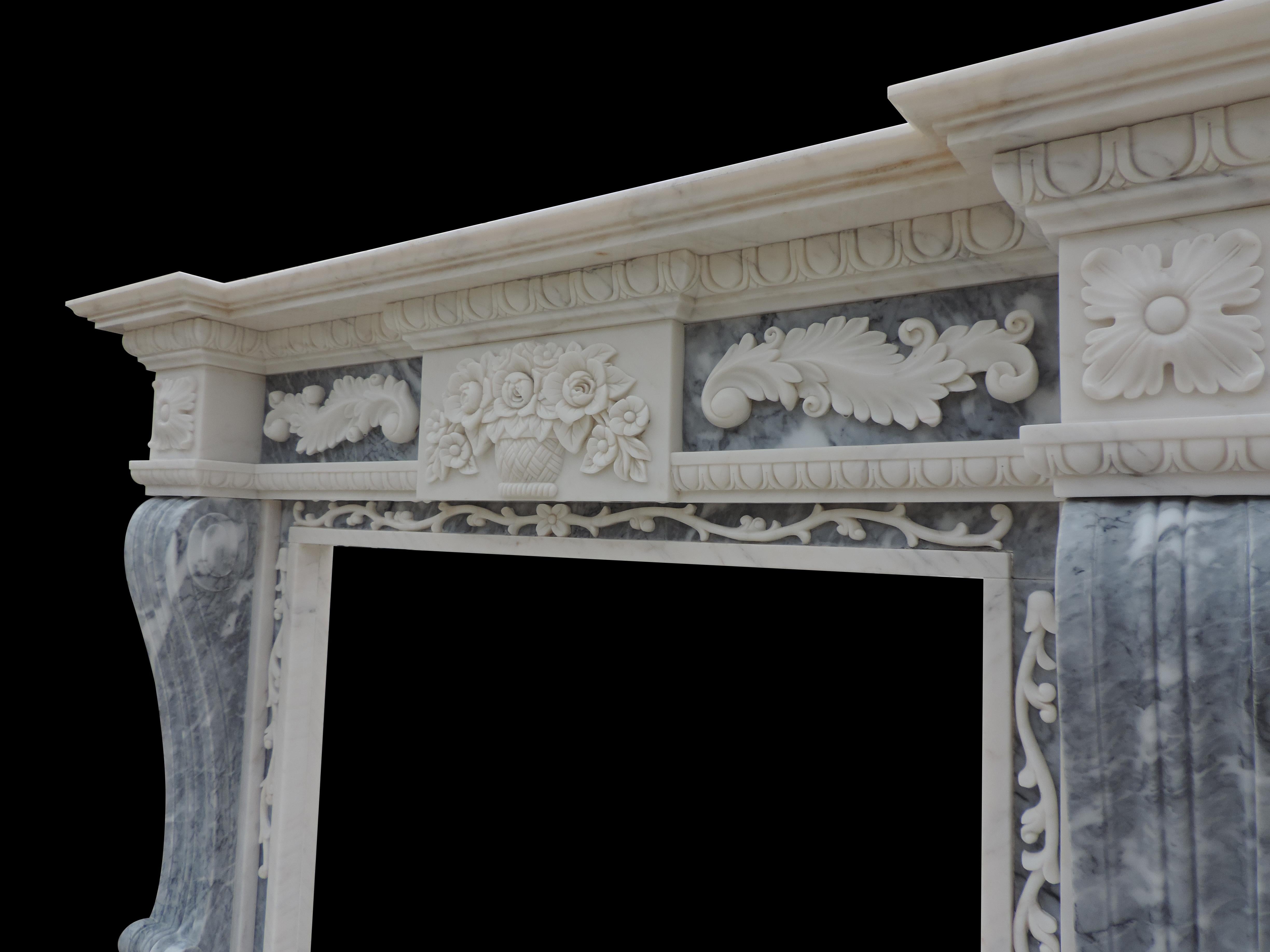 Hand-Carved 19th Century Italian Style White Marble Two Color Fire Surround For Sale