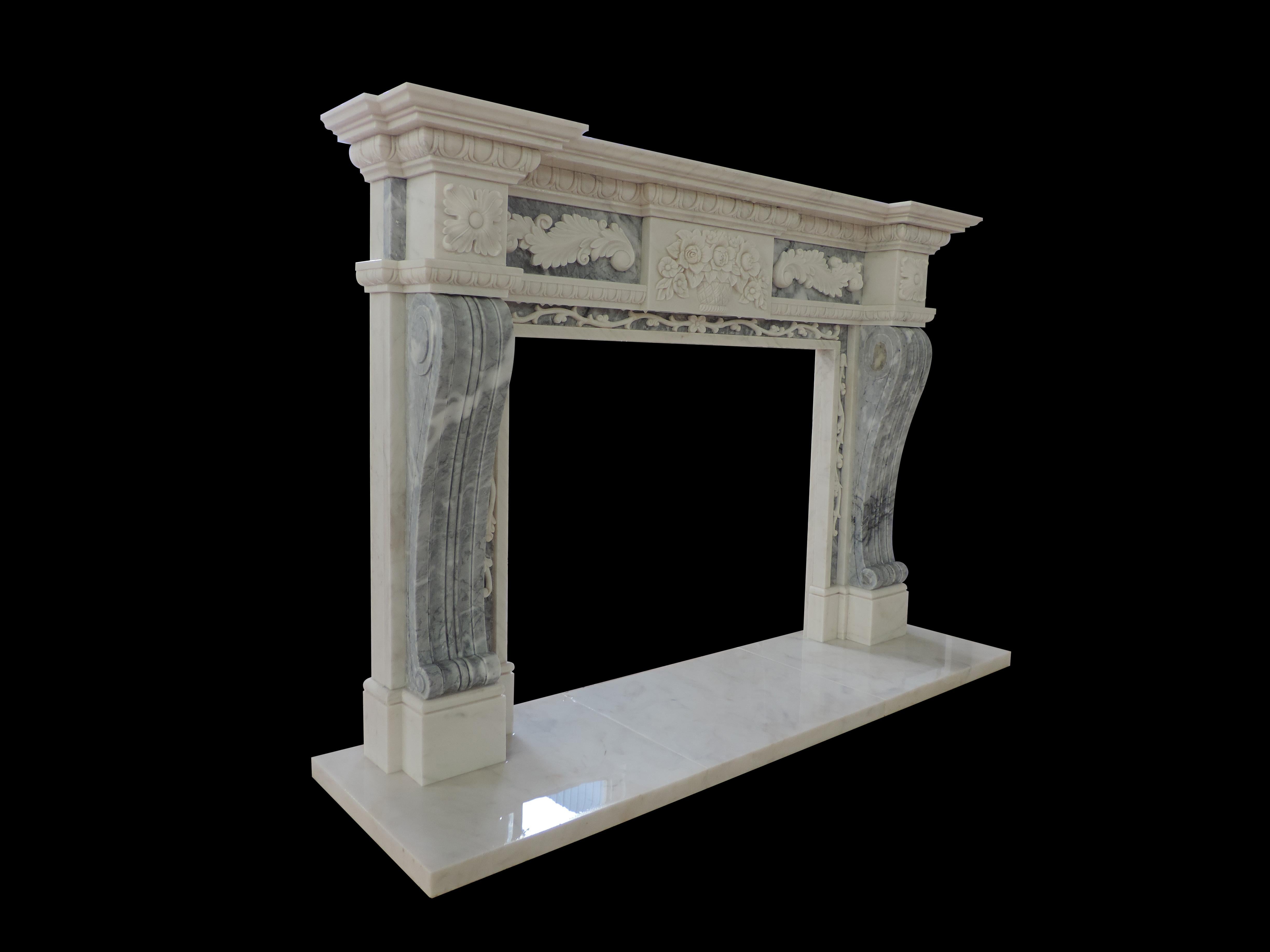 19th Century Italian Style White Marble Two Color Fire Surround In New Condition For Sale In Houston, TX
