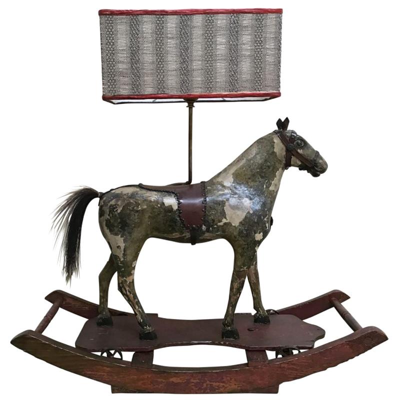 19th Century Italian Table Lamp Made with Wooden Horse Children's Toy, 1890s For Sale