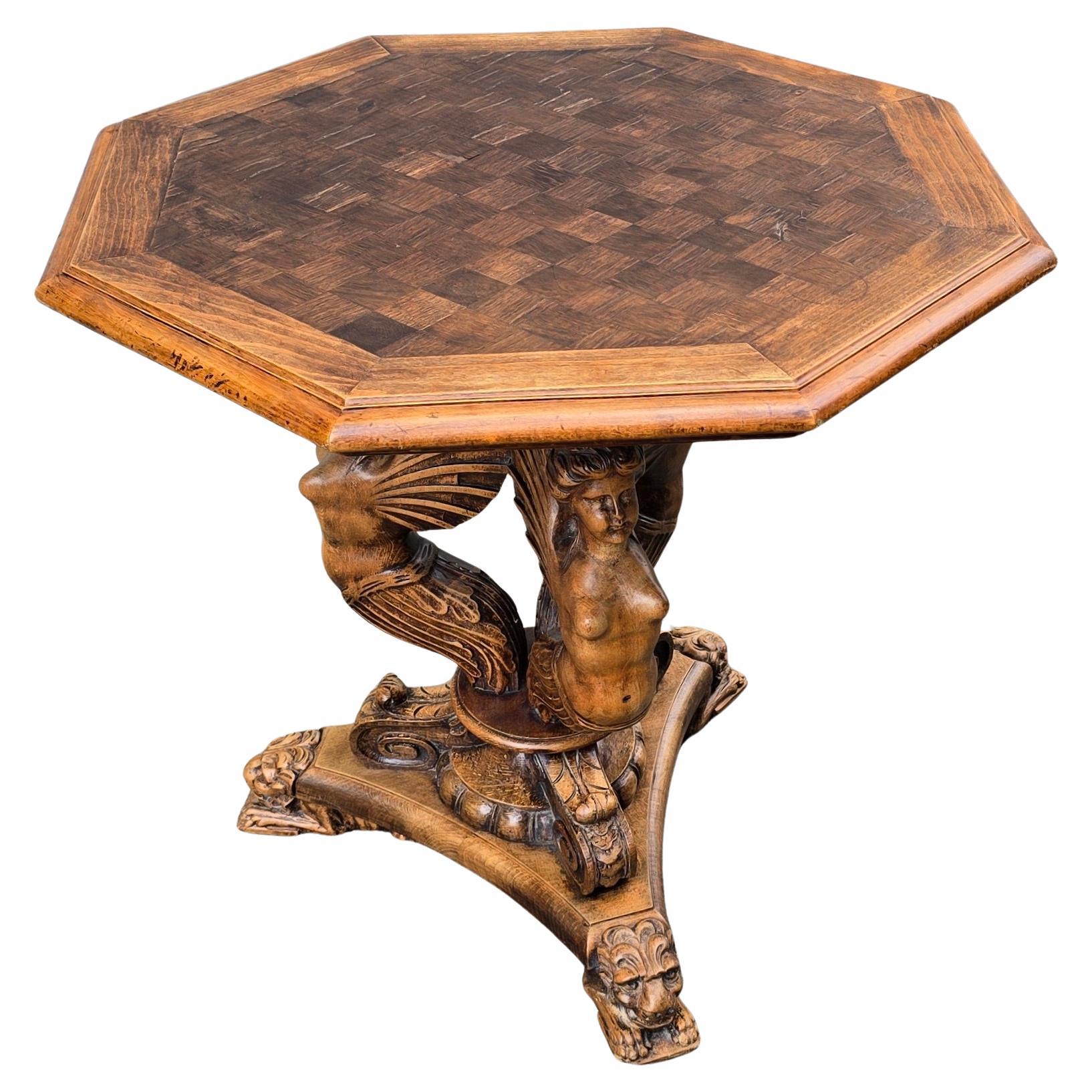 Neoclassical 19th Century Italian Table with Carved Female Sphinxes and Lions For Sale