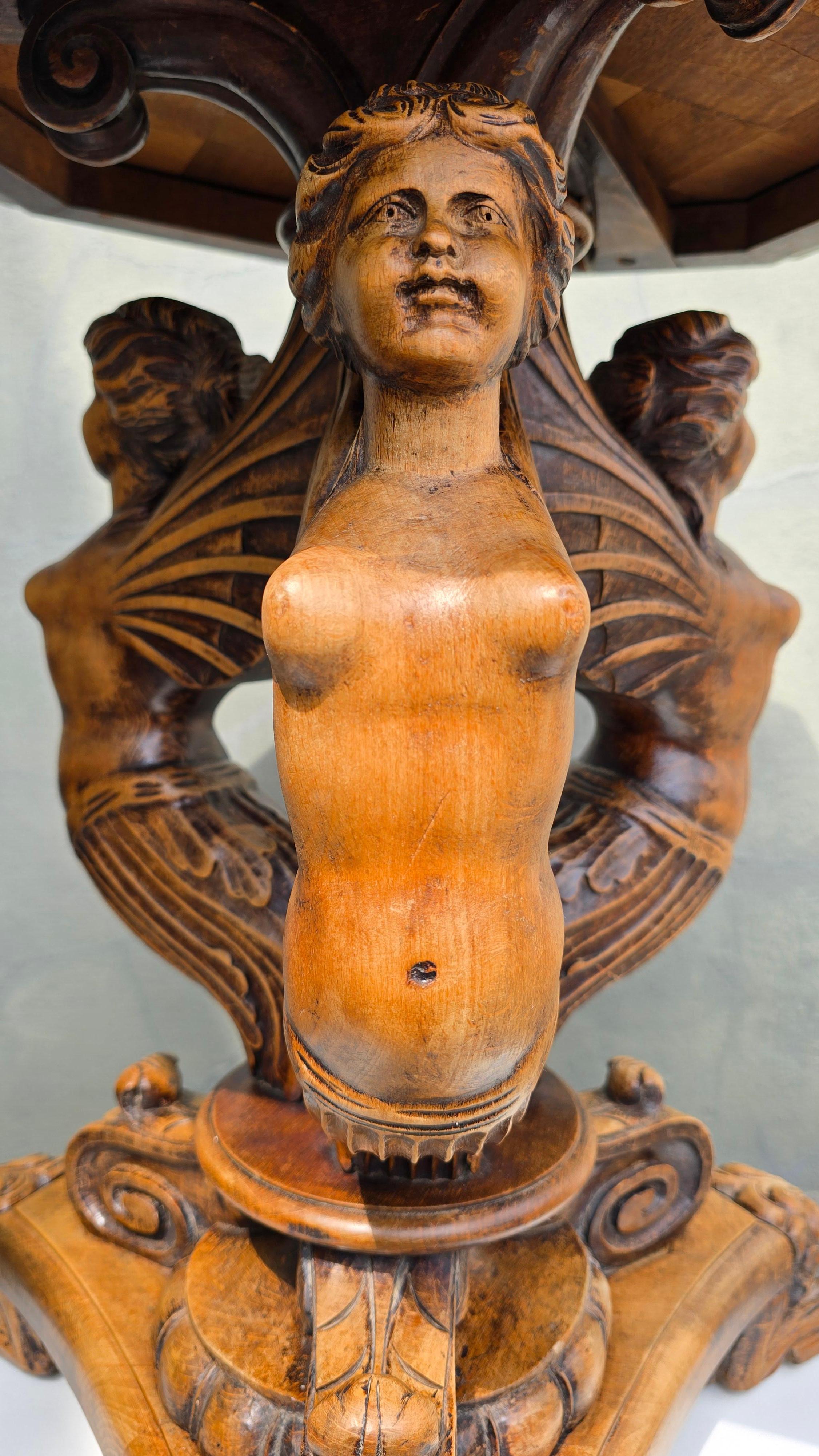 Wood 19th Century Italian Table with Carved Female Sphinxes and Lions For Sale