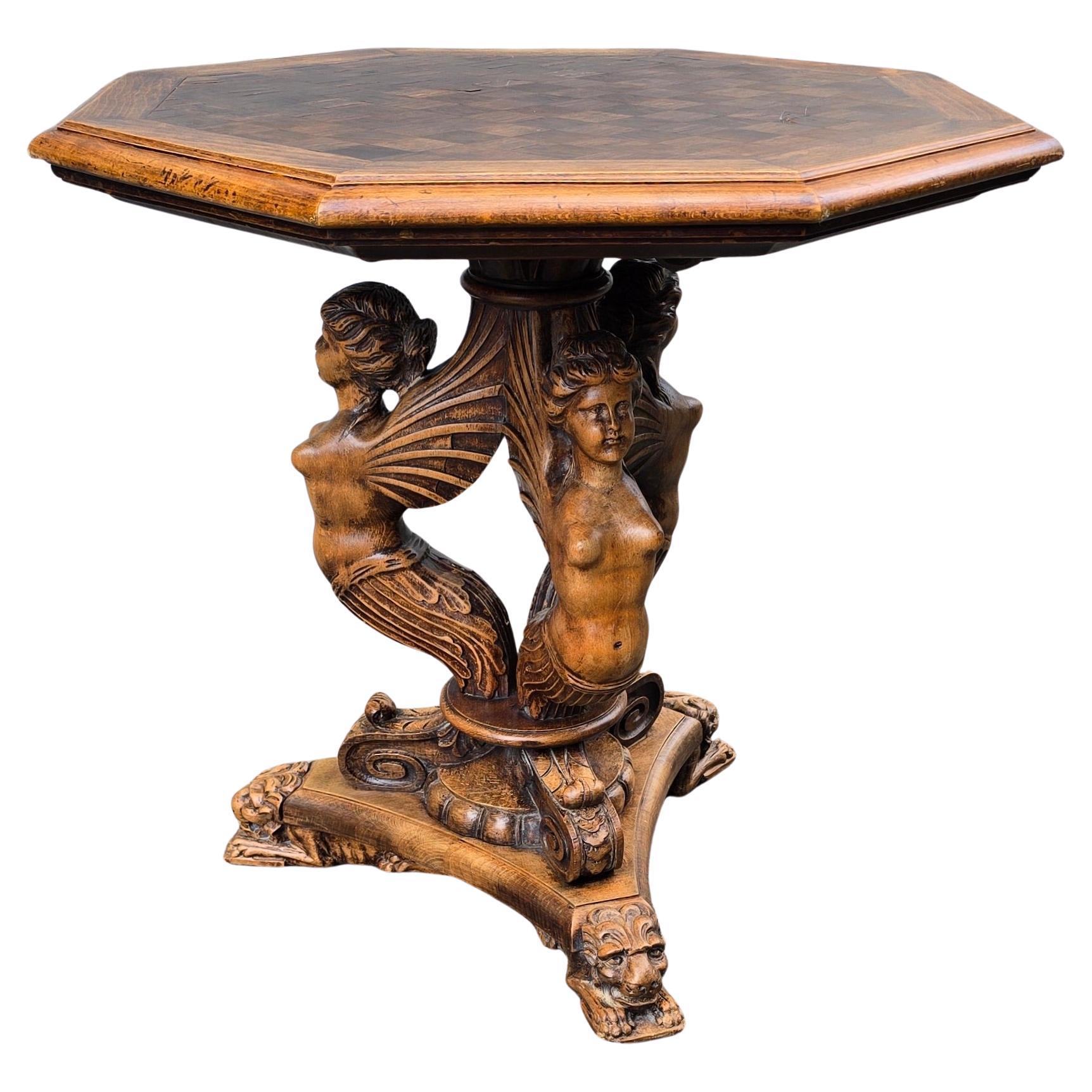 19th Century Italian Table with Carved Female Sphinxes and Lions For Sale