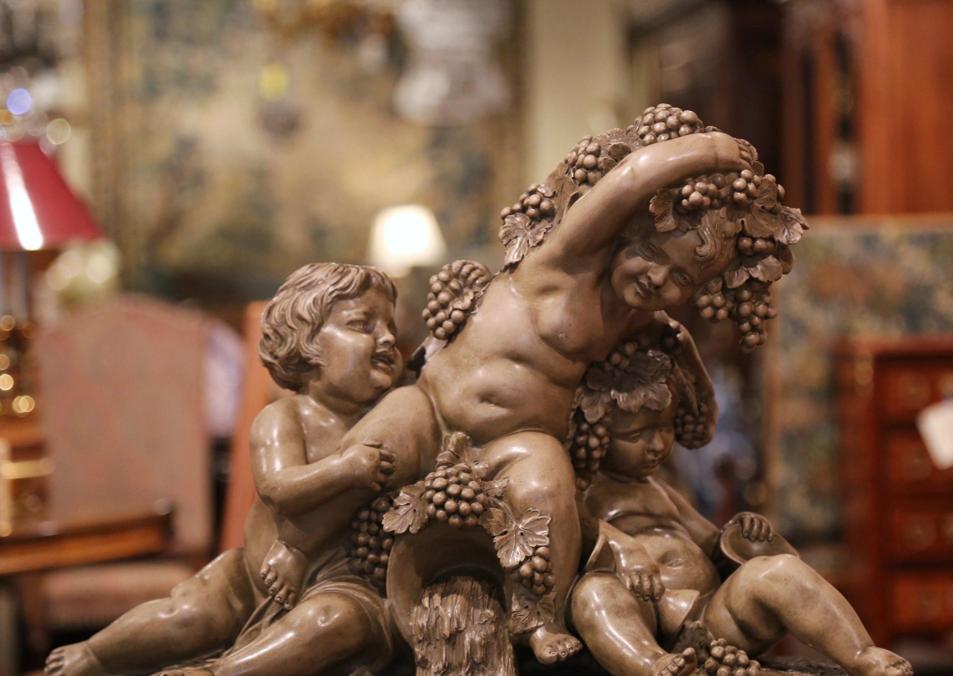 Hand-Carved 19th Century Italian Terracotta Bacchus Children Composition Signed A. Calendi