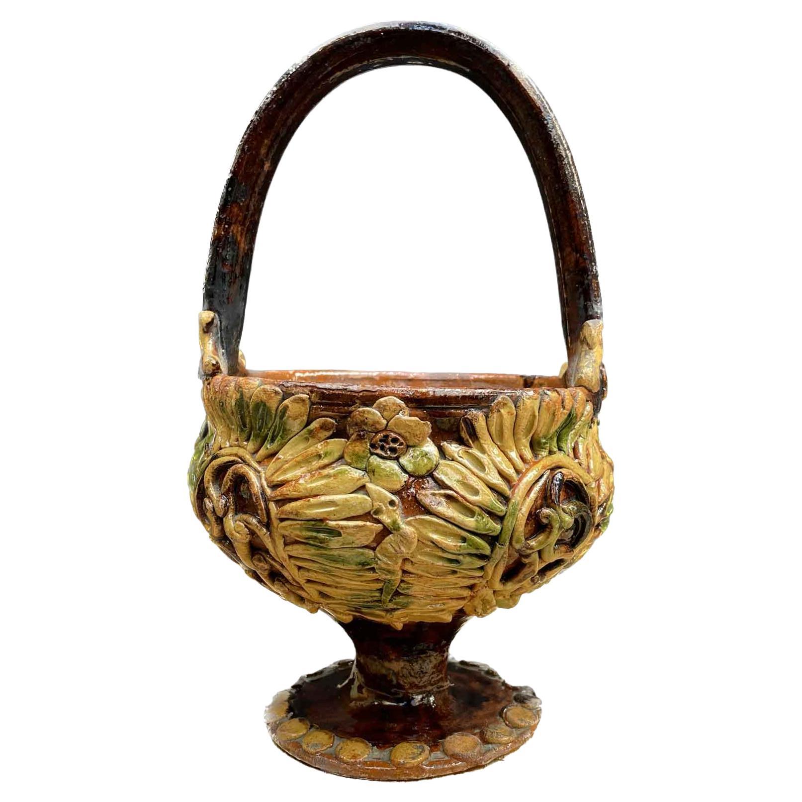 19th Century Italian Terracotta Handled Warmer Vase with Flowers from Tuscany