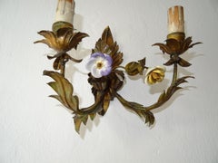 19th Century Italian Tole and Porcelain Flowers Polychrome Sconces