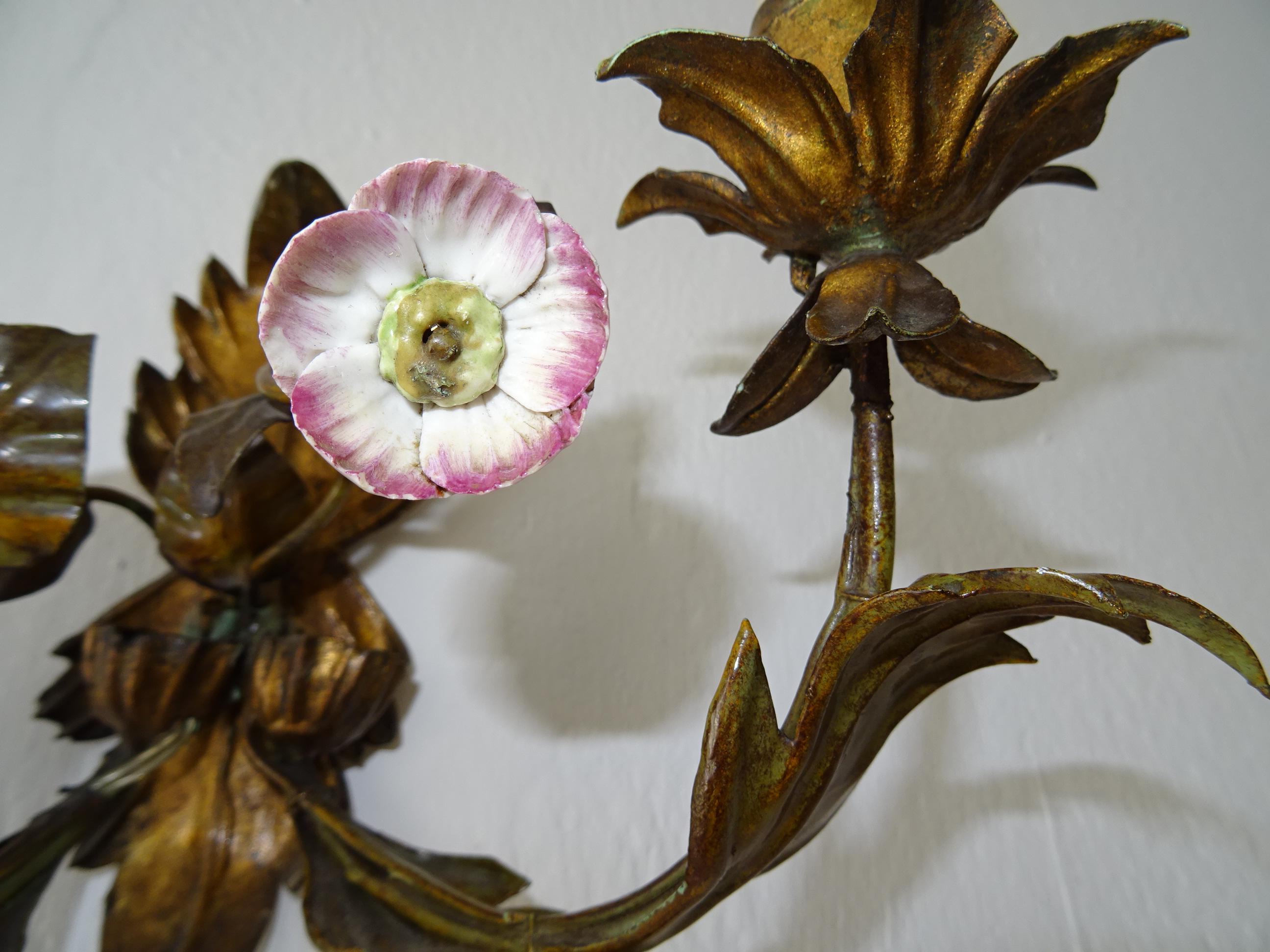 Metal 19th Century Italian Tole and Porcelain Flowers Polychrome Sconces For Sale