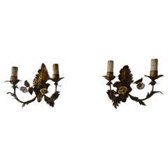 19th Century Italian Tole and Porcelain Flowers Polychrome Sconces