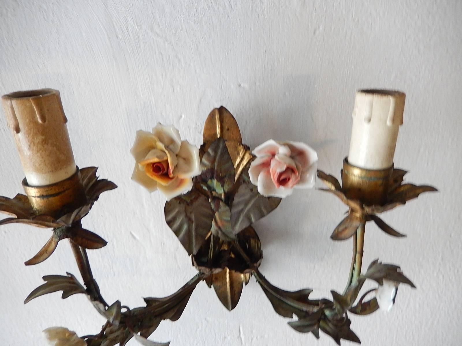 19th Century Italian Tole and Porcelain Flowers Sconces 6