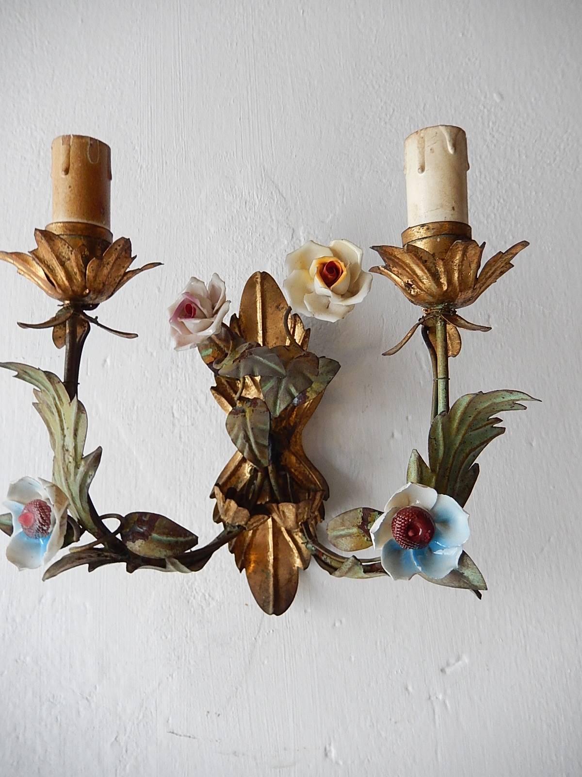 Late 19th Century 19th Century Italian Tole and Porcelain Flowers Sconces