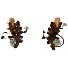 19th Century Italian Tole and Porcelain Roses Polychrome Flowers Sconces