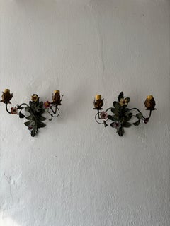 19th Century Italian Tole and Porcelain Roses Polychrome Sconces
