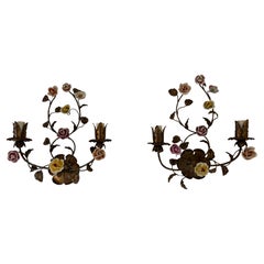 19th Century Italian Tole and Porcelain Roses Polychrome Sconces