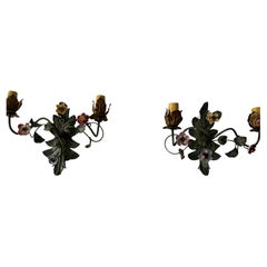 19th Century Italian Tole and Porcelain Roses Polychrome Sconces