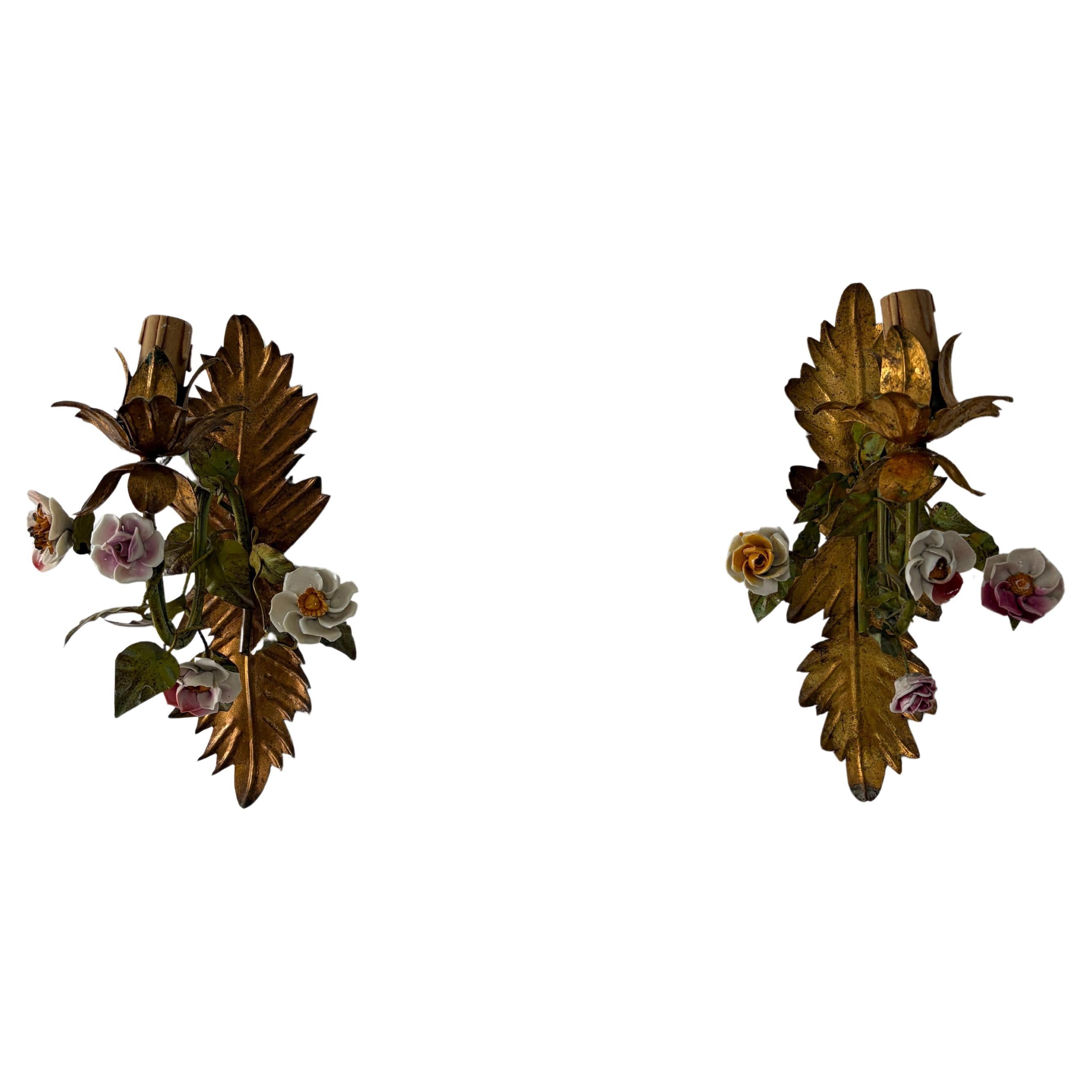 19th Century Italian Tole and Porcelain Roses Polychrome Sconces Vibrant