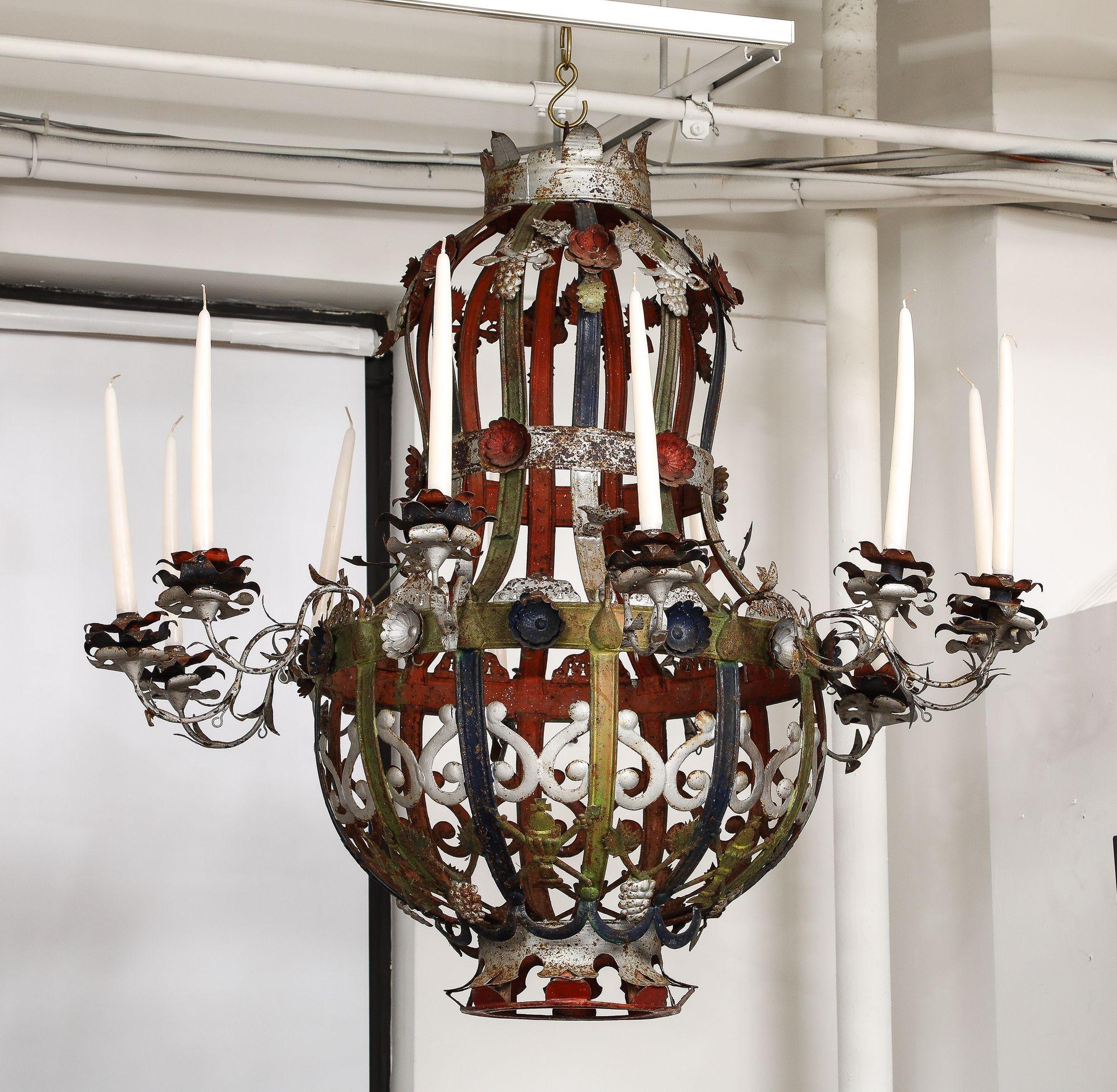Hammered 19th Century Italian Tole Chandelier For Sale