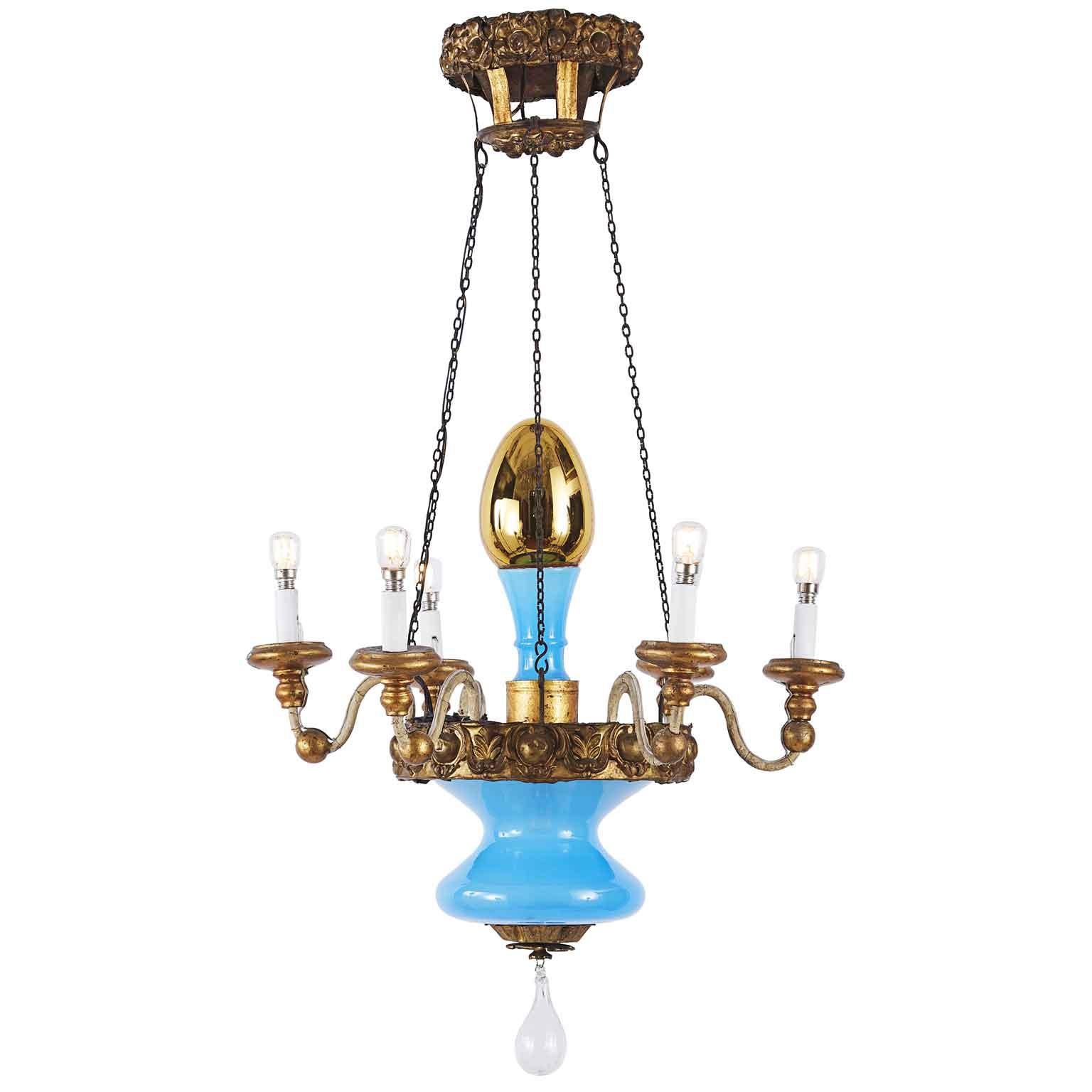 19th Century, Italian, Tuscan Seven Light Chandelier Blue Glass Gilded Details For Sale 8