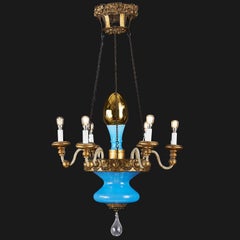 19th Century, Italian, Tuscan Seven Light Chandelier Blue Glass Gilded Details
