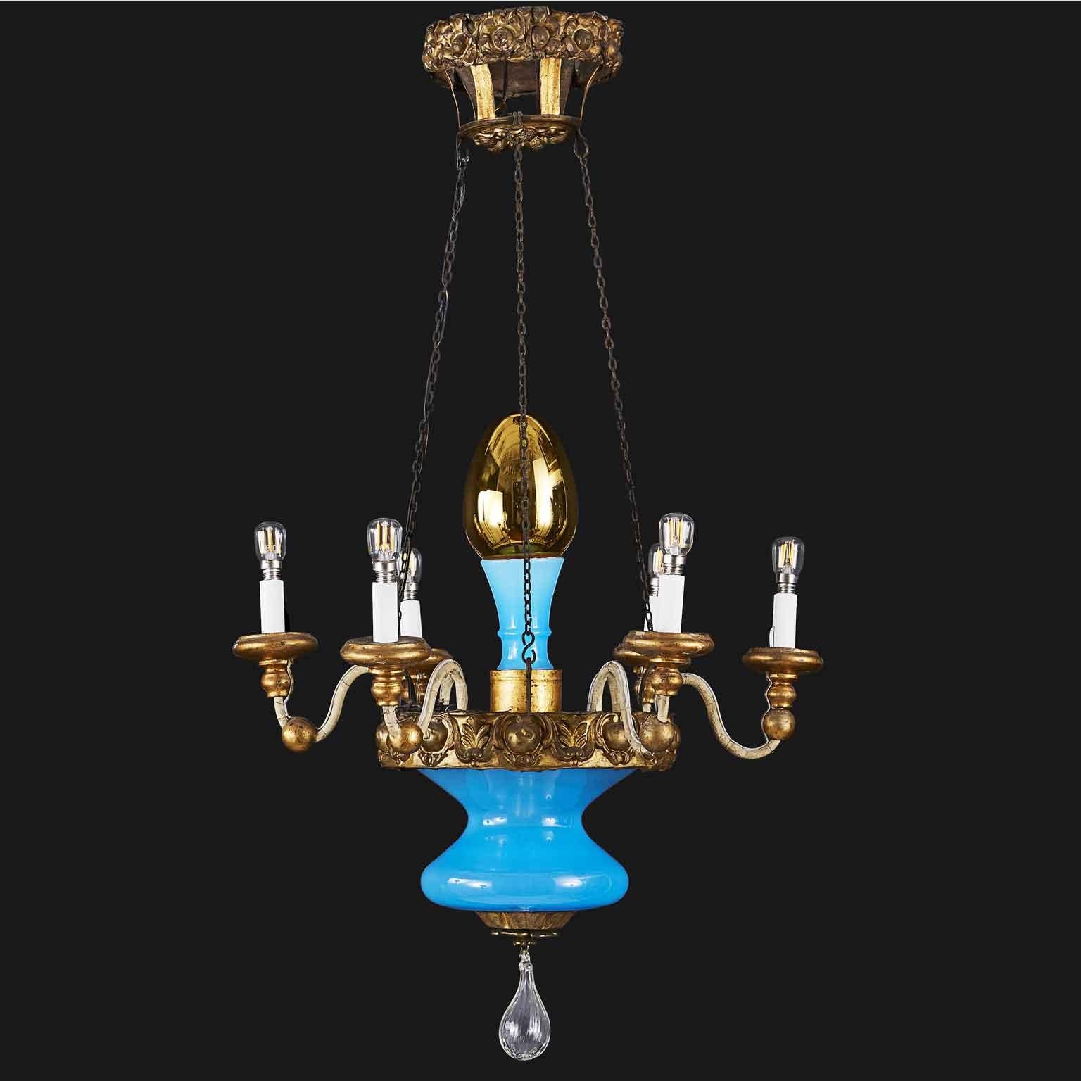 Romantic 19th Century, Italian, Tuscan Seven Light Chandelier Blue Glass Gilded Details For Sale