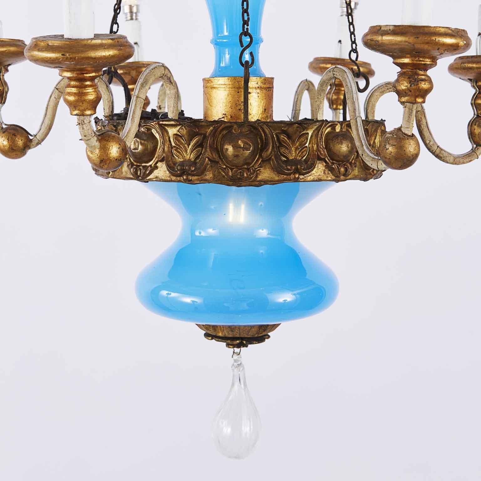 Gilt 19th Century, Italian, Tuscan Seven Light Chandelier Blue Glass Gilded Details For Sale