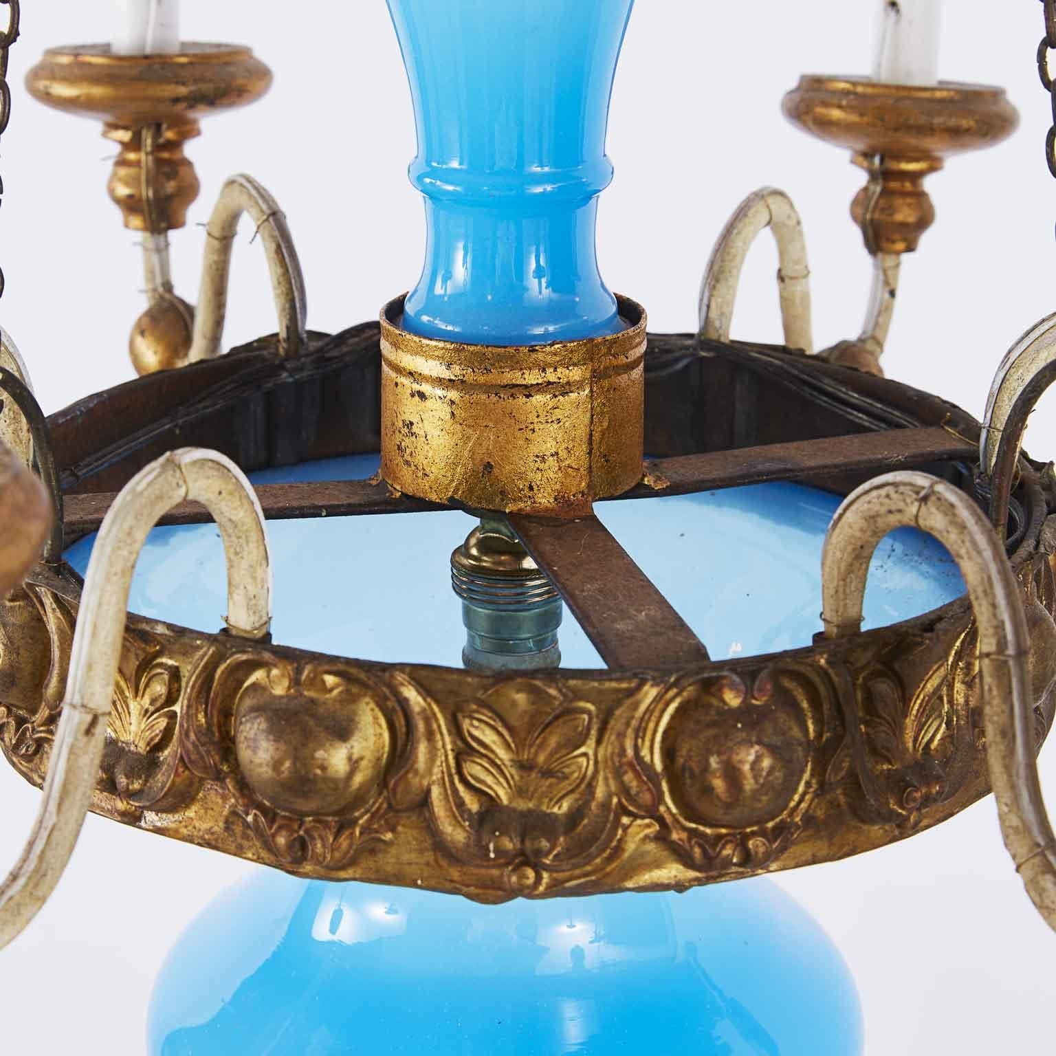 Opaline Glass 19th Century, Italian, Tuscan Seven Light Chandelier Blue Glass Gilded Details For Sale