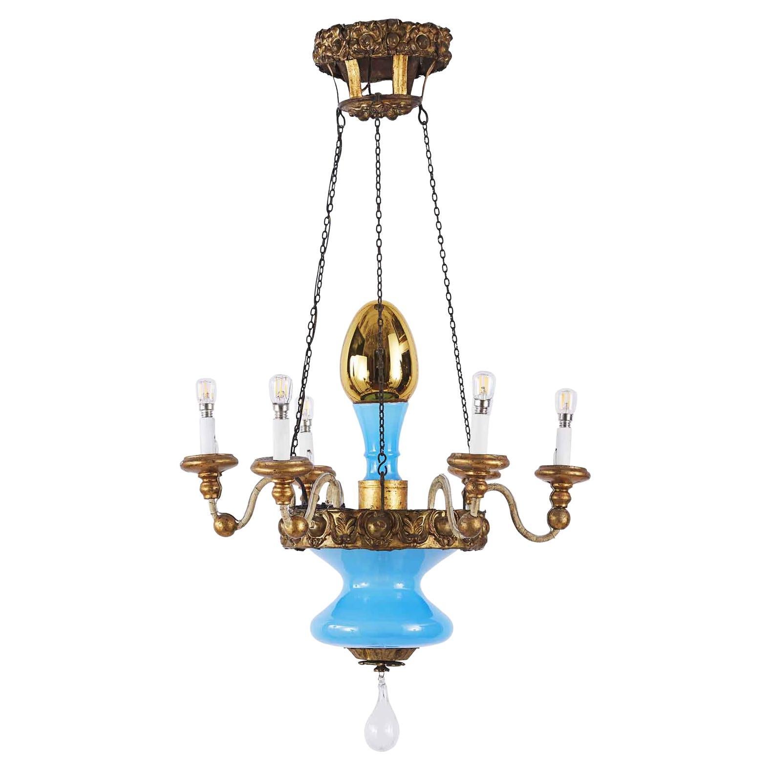 19th Century, Italian, Tuscan Seven Light Chandelier Blue Glass Gilded Details