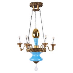 Siglo XIX, Italiana, Toscana Lámpara de Siete Luces Vidrio Azul Detalles Dorados