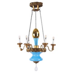 Antique 19th Century, Italian, Tuscan Seven Light Chandelier Blue Glass Gilded Details