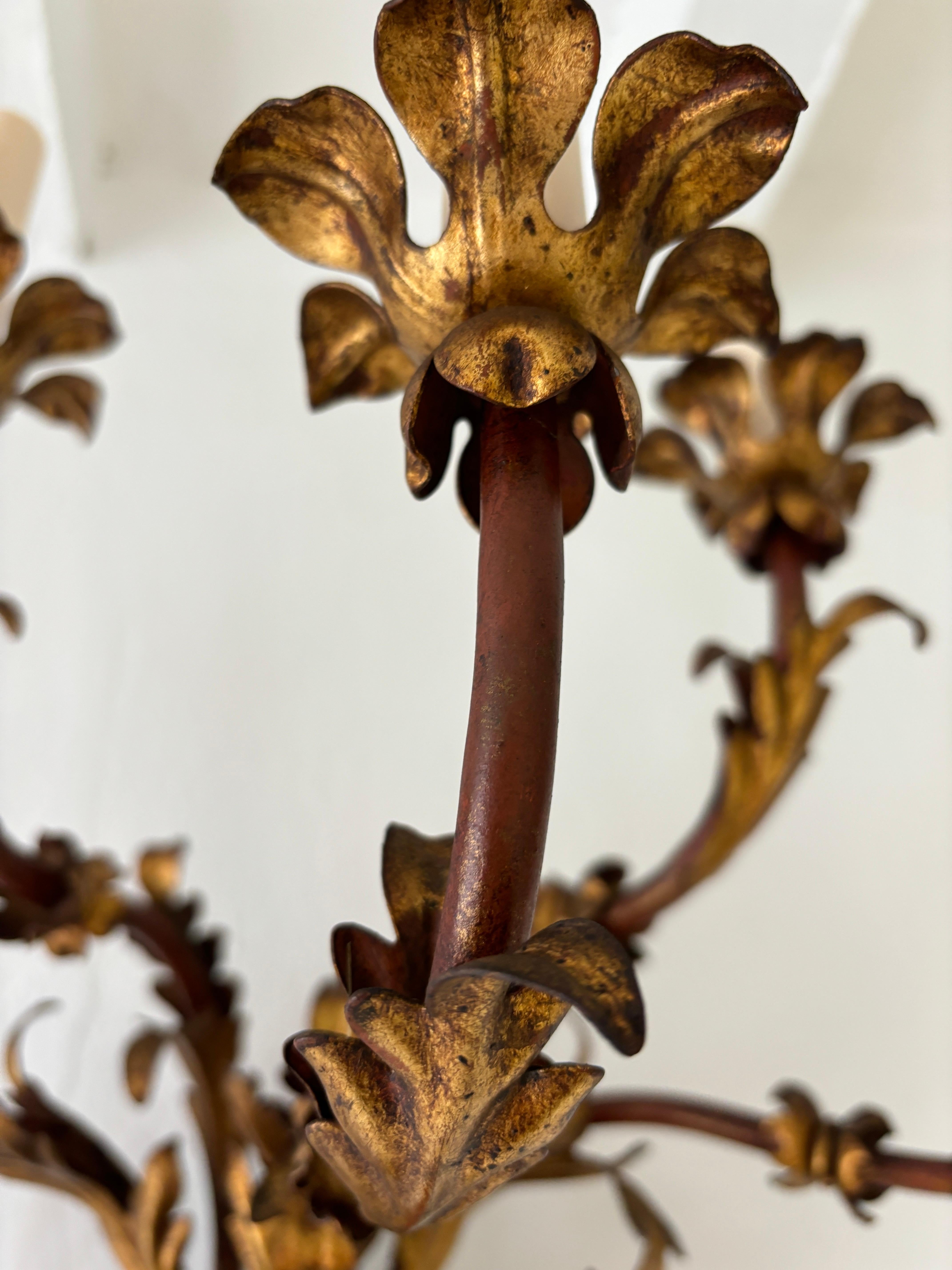 19th Century Italian Tuscan Wood Gold and Red Tole 5 Lights Sconces Rare Huge For Sale 7