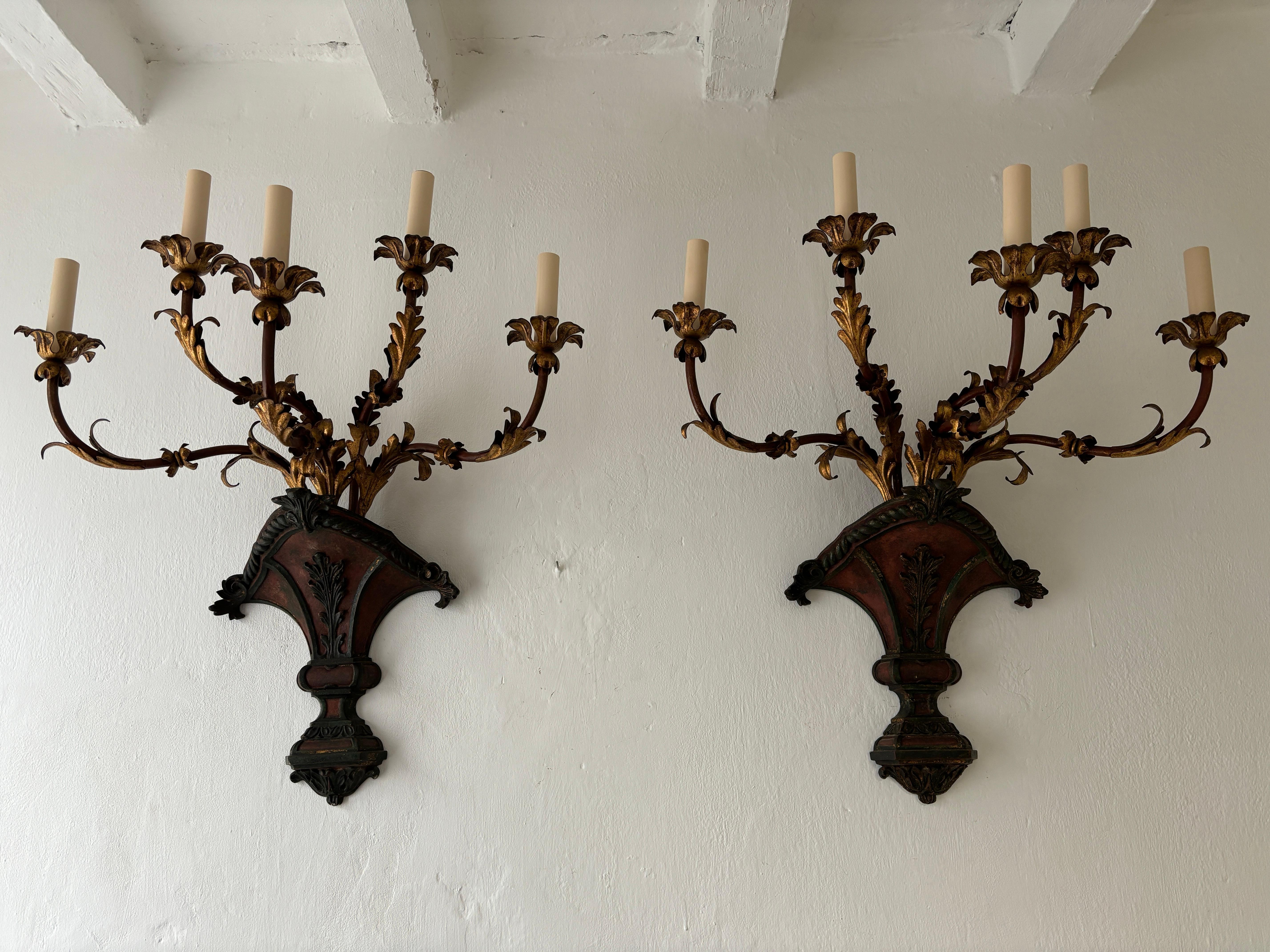 Housing 5 lights each.  These will be newly rewired with certified US UL sockets for the United States and appropriate sockets for all other countries.  Found in Tuscany.  These amazing 1850's carved wood with original paint are stunning.  Red,