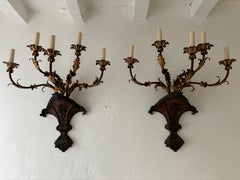 c 19th Italian Tuscan Wood Gold & Red Tole 5 Lights Sconces Rare Huge Florentine