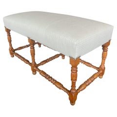 19th Century Italian Upholstered Turned Leg Walnut Bench