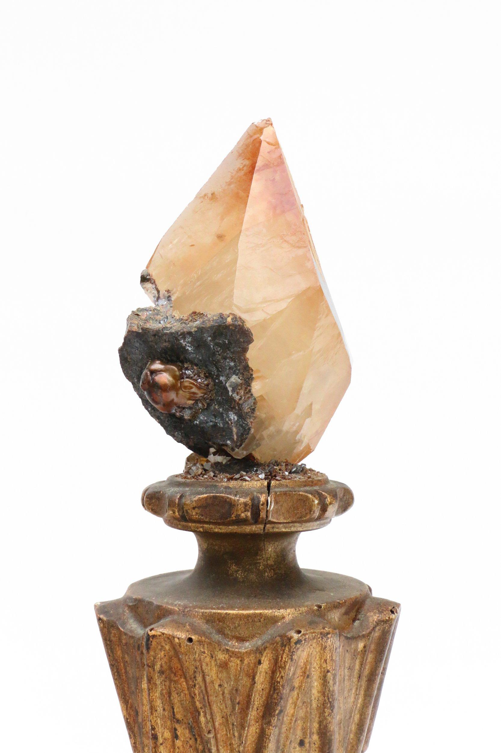 Late 19th century Art Deco style Italian vase with a calcite crystal point with sphalerite and a Baroque pearl. The hand carved vase is from Lazio, Italy and is a good example of an unusual and early Italian Art Deco style in its shape and