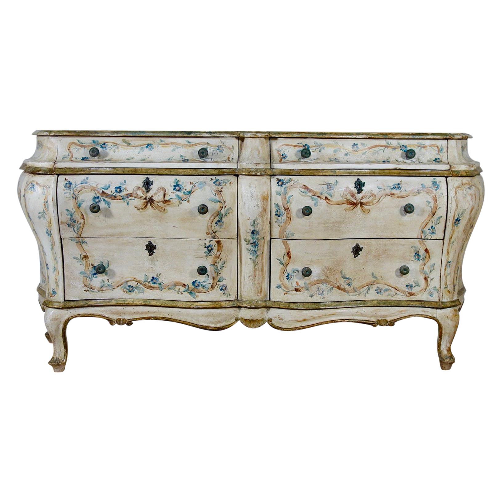 19th Century Italian Venetian Cream Floral Painted Bombe Sideboard - Commode