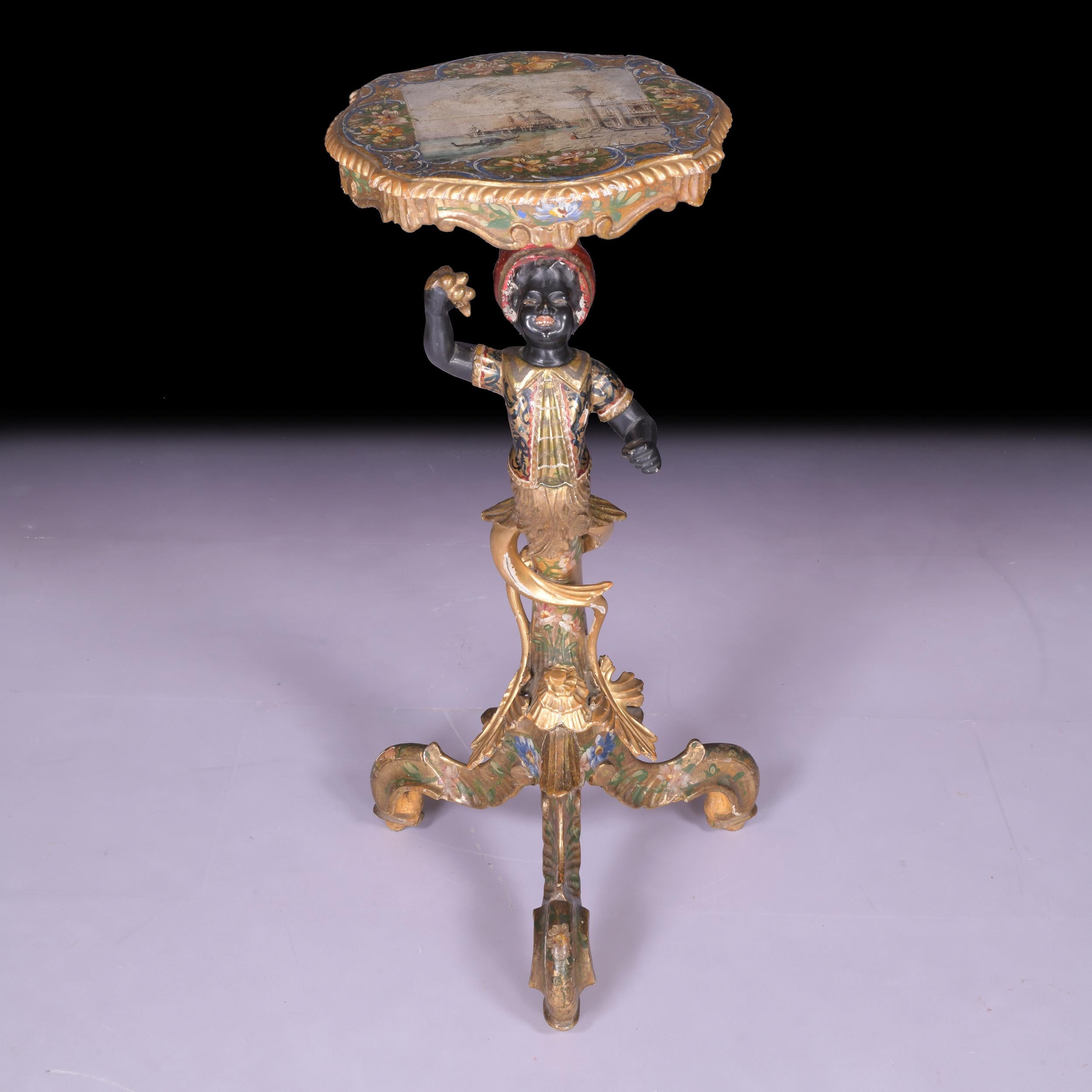 19th Century Italian Venetian Gilded & Painted Gondolier Pedestal Table In Fair Condition For Sale In Dublin, IE
