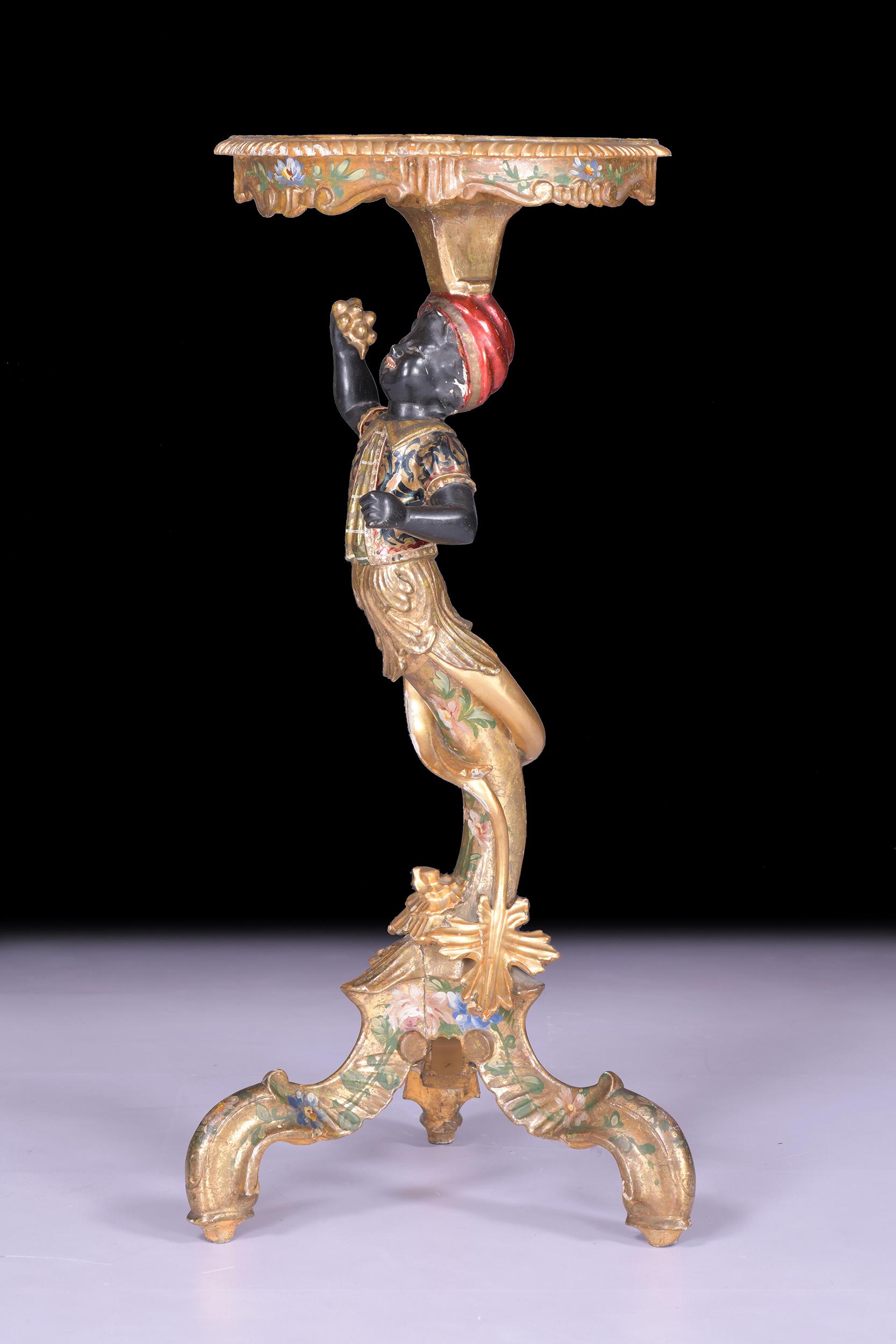 Giltwood 19th Century Italian Venetian Gilded & Painted Gondolier Pedestal Table For Sale