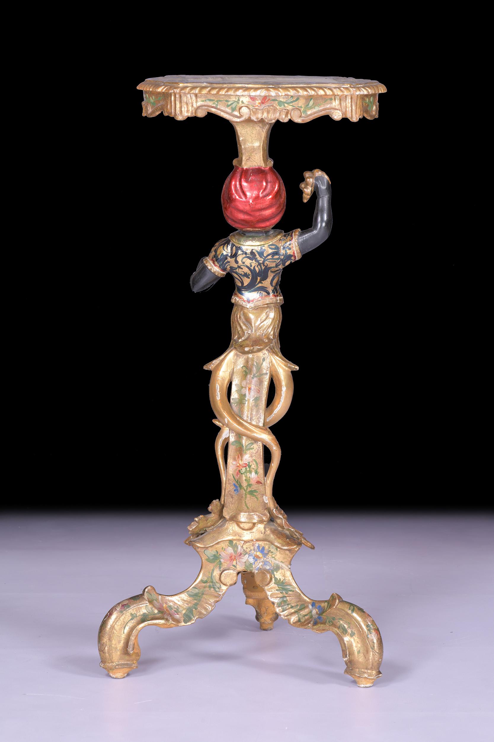 19th Century Italian Venetian Gilded & Painted Gondolier Pedestal Table For Sale 1
