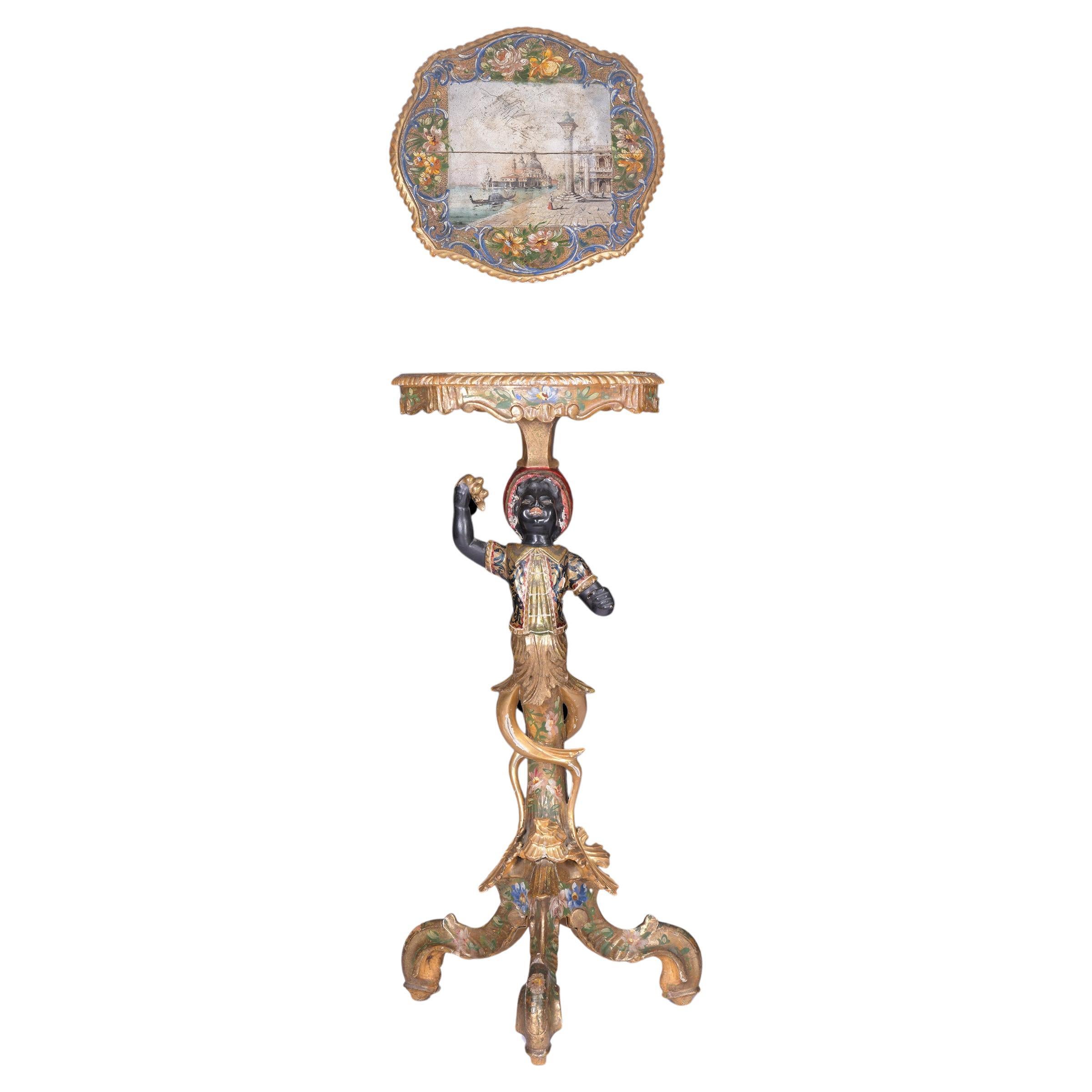 19th Century Italian Venetian Gilded & Painted Gondolier Pedestal Table For Sale