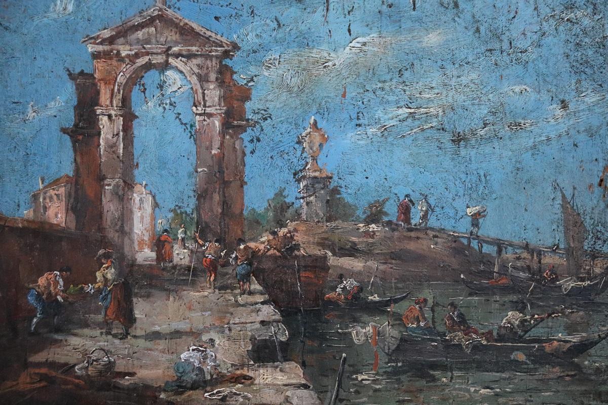 Beautiful italian antique oil painting on board in fir wood, early 19th century. Excellent pictorial quality. Beautiful venetian landscape with architectural elements, people and typical Venetian gondolas. Excellent color rendering with great use of