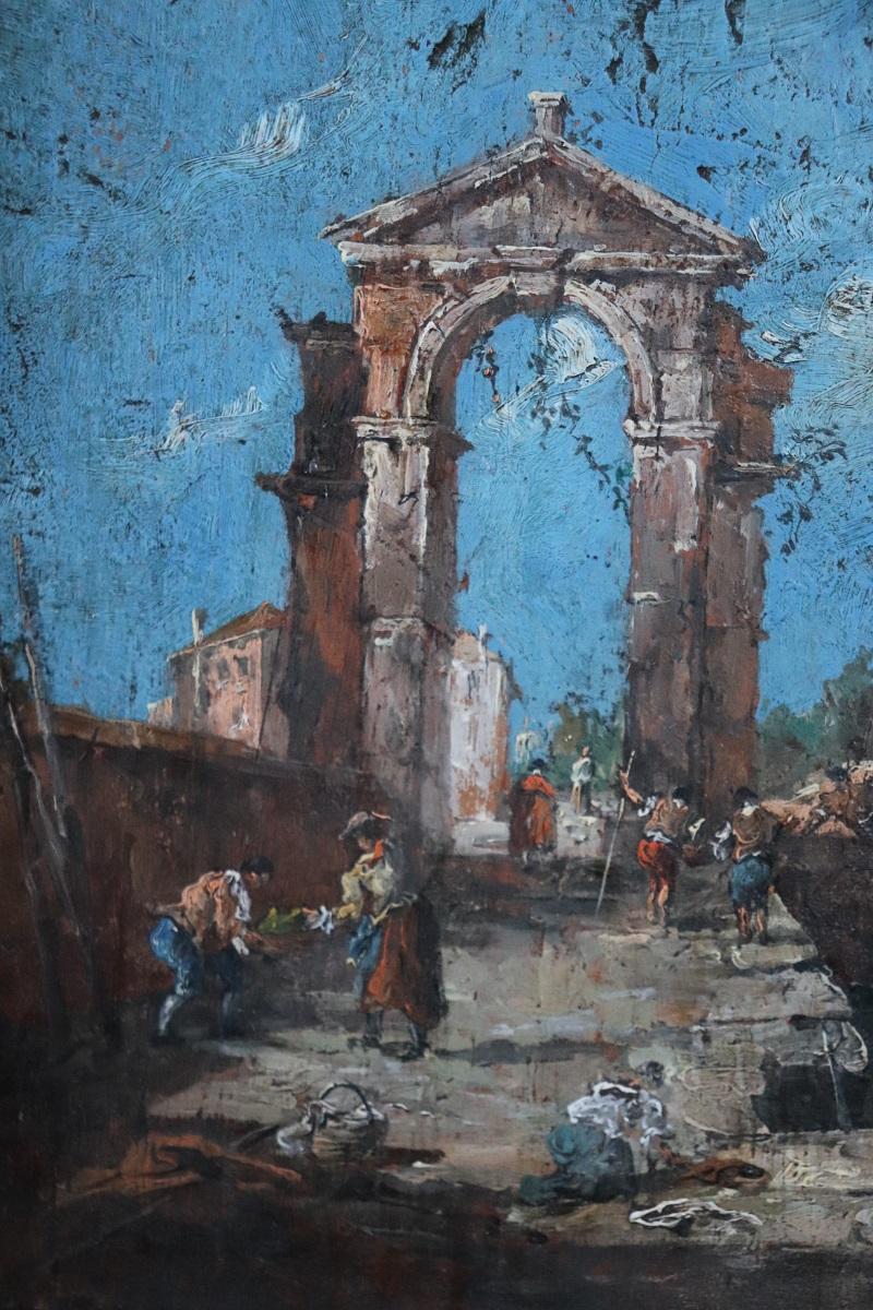Oiled 19th century Italian Venetian Landscape Antique Oil Painting on Board For Sale