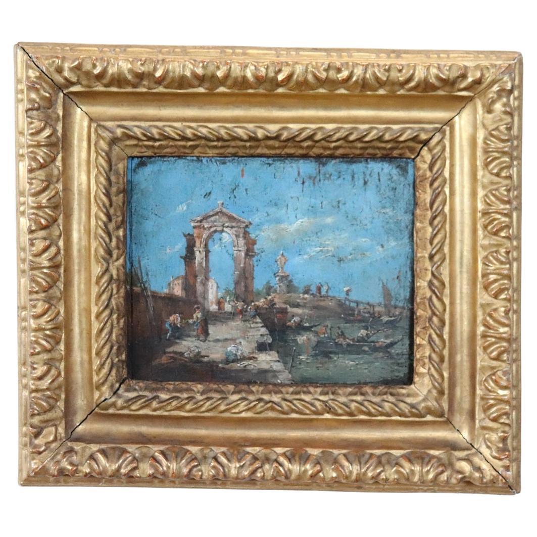 Peinture à l'huile sur panneau ancienne italienne du 19ème siècle représentant un paysage vénitien