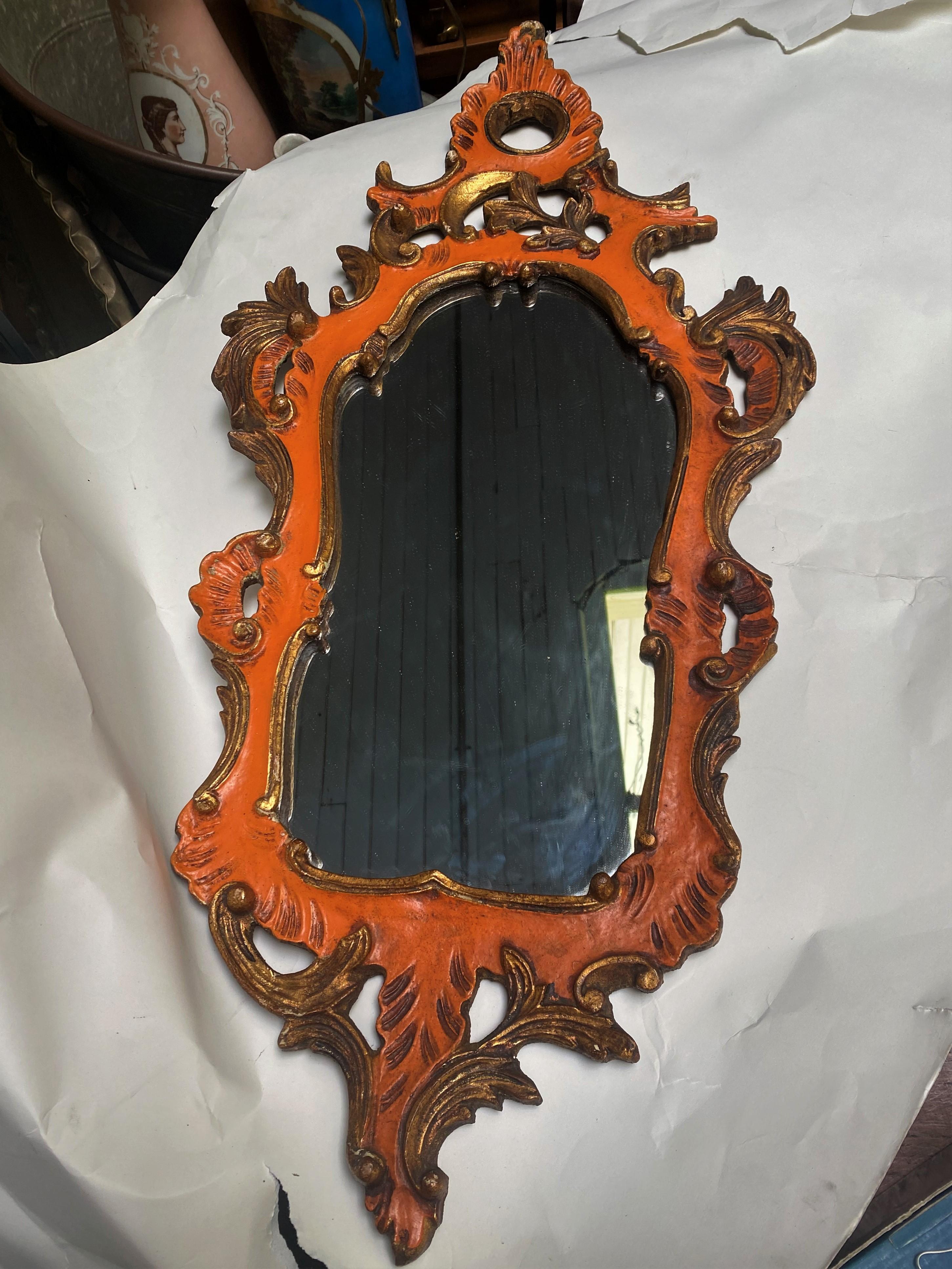 19th Century Italian Venetian Orange Painted Carved Wood Mirror For Sale 7