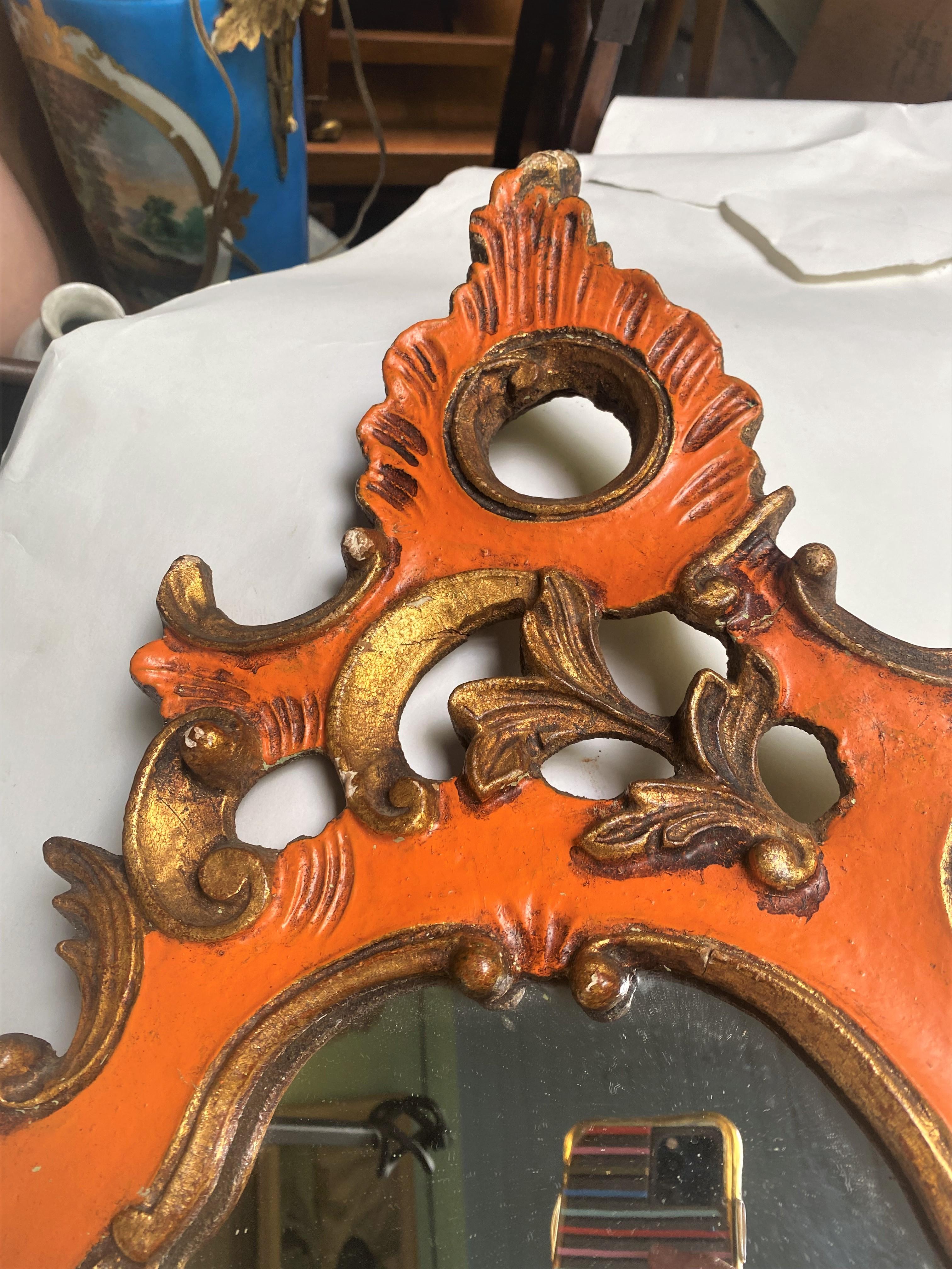 Rococo Revival 19th Century Italian Venetian Orange Painted Carved Wood Mirror For Sale