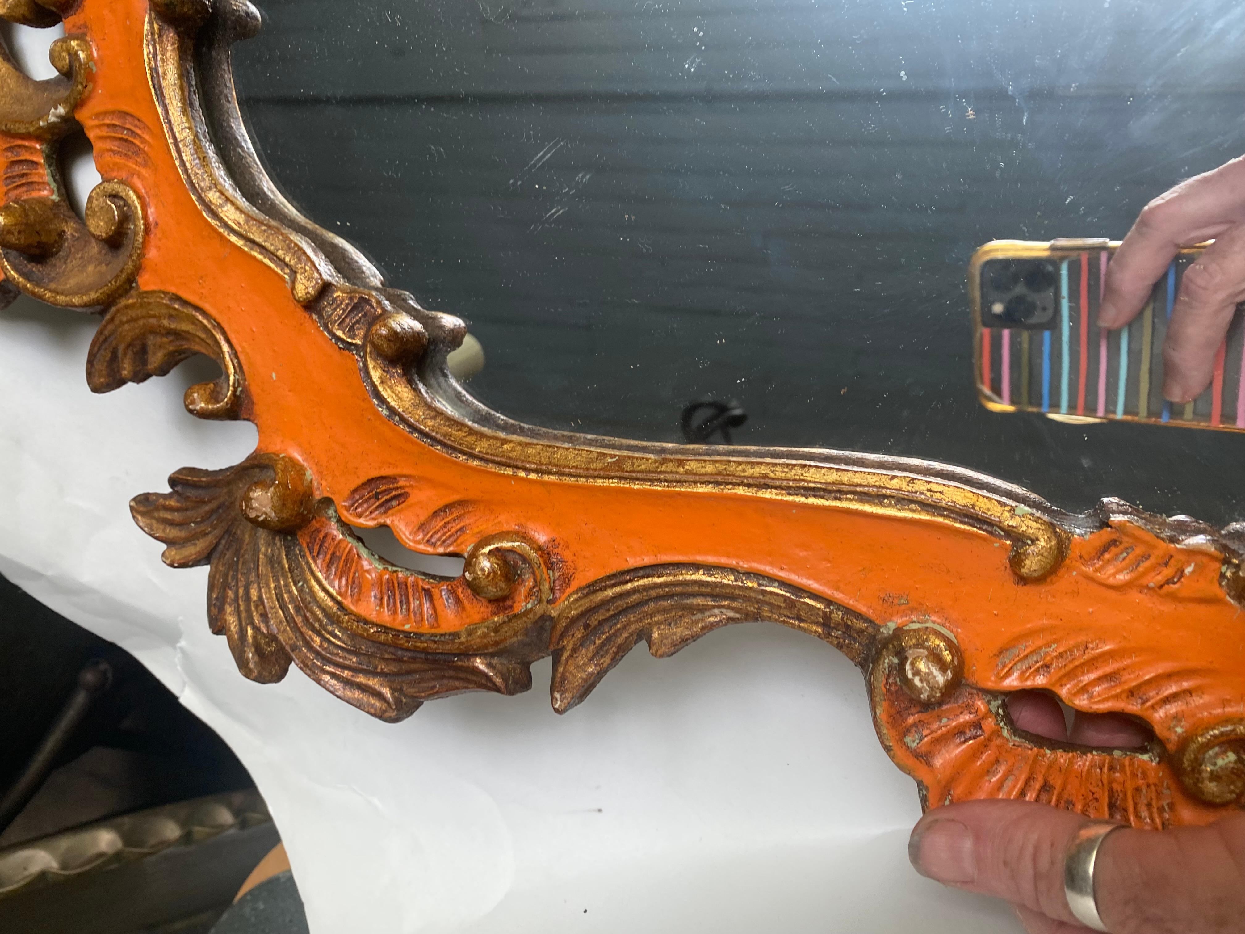 19th Century Italian Venetian Orange Painted Carved Wood Mirror For Sale 1