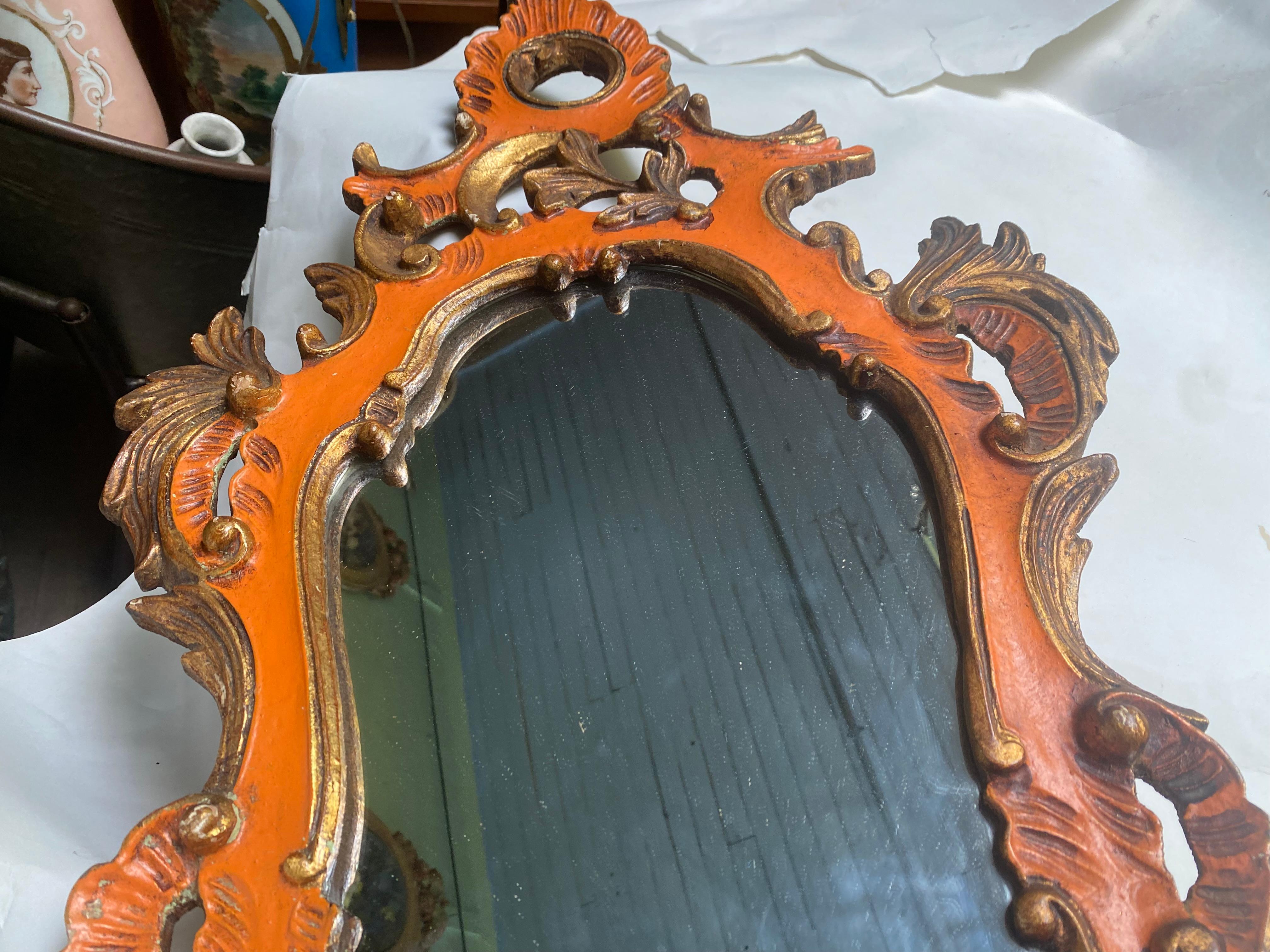 19th Century Italian Venetian Orange Painted Carved Wood Mirror For Sale 2