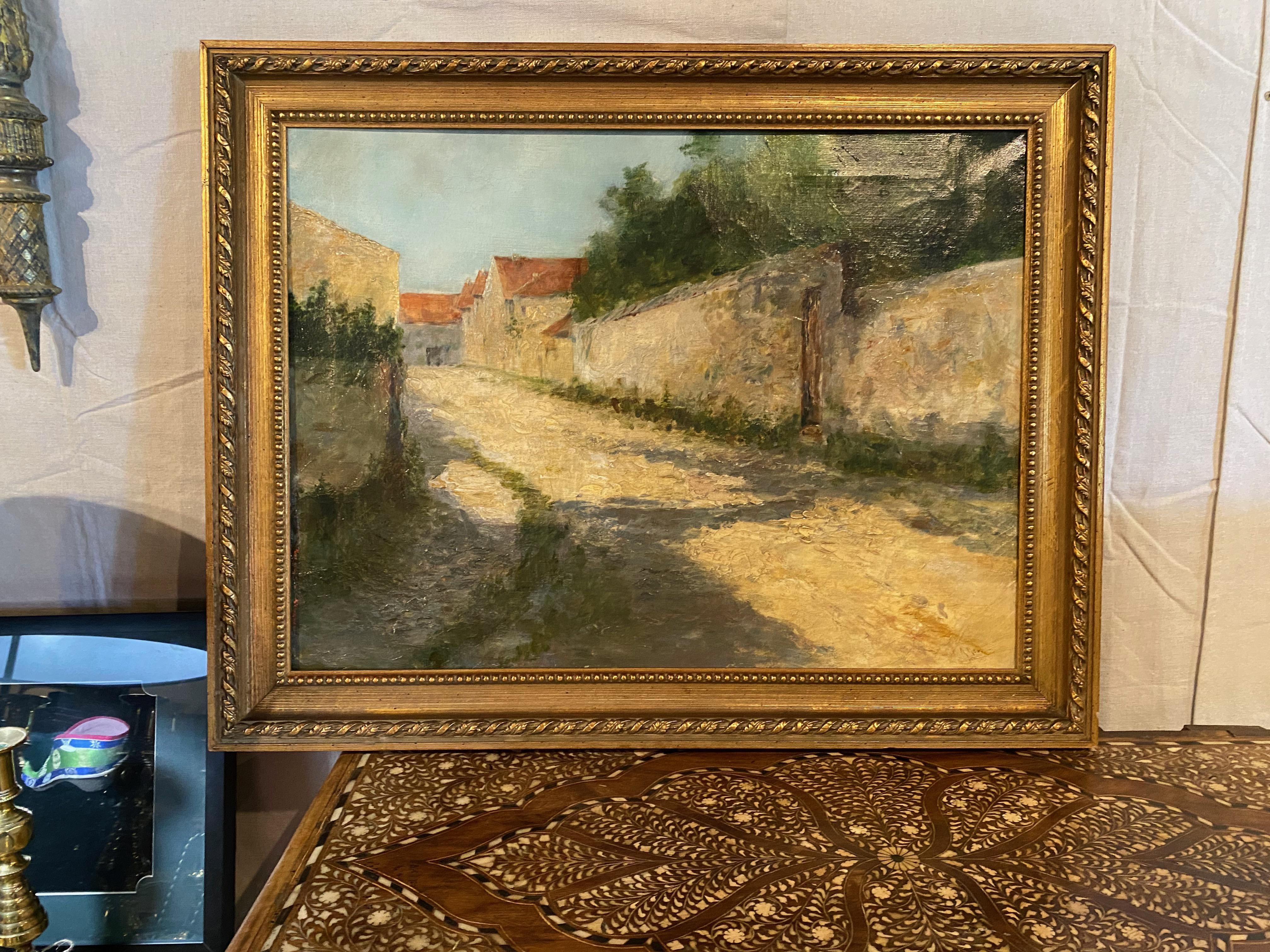 This is a charming Post-Impressionist painting of a late 19th century Italian village street. The painting is well-executed by a competent artist and is signed at lower right. The interplay of light and shadow leads the viewer to participate in the